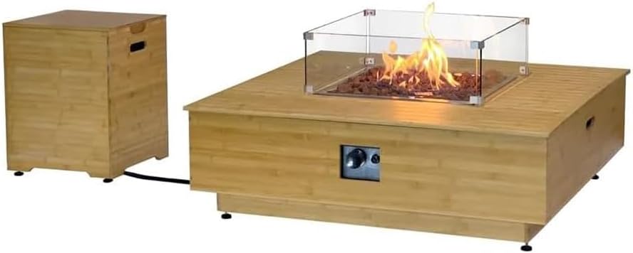 43-Inch Outdoor Propane Square Fire Pit Table, Super Stable Wood Frame 50,000 BTU CSA Certified Smokeless Firepit Table, Includes Side Table Weatherproof Cover Lava Rock for Families, Deck, Backyard
