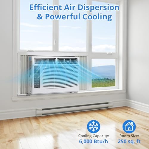 6000 BTU Window Air Conditioner – Small Room AC Unit Cools Up to 250 Sq. Ft., Portable AC with Remote Control, Quiet Operation, Dehumidifier & Fan for Bedroom, Office, Home