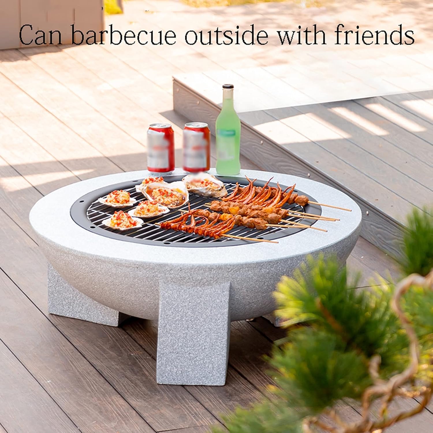 Outdoor Fire Pit Backyard Patio Garden Fireplace Wood Burning Fire Pit BBQ Grill Firepit Bowl with Grill Grate for Logs Concrete Style for Camping Outdoor Heati