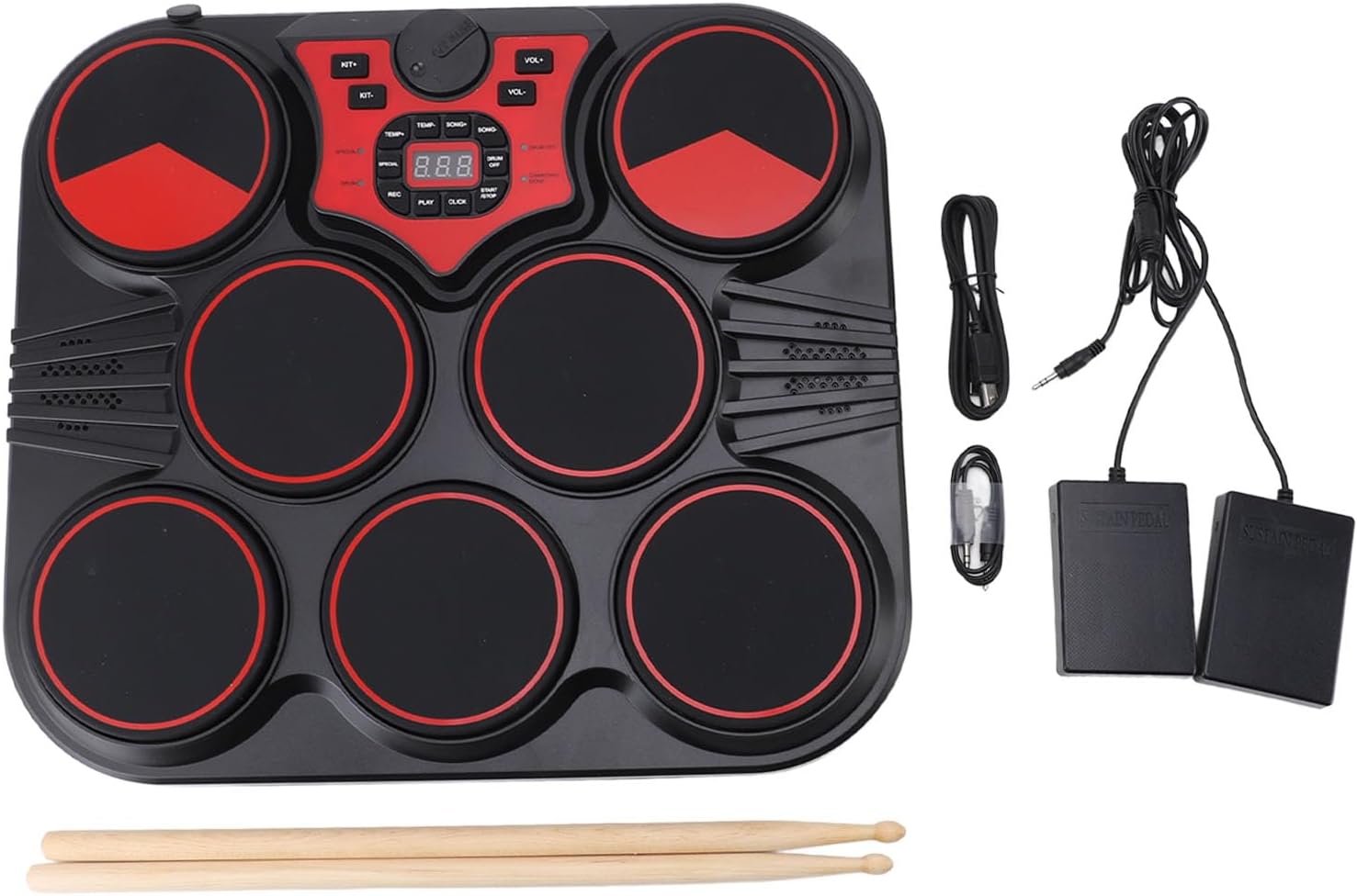Focket Electronic Drum Set, 7 Pads Digital Drum Kit with Multiple Rhythms Sounds, USB Rechargeable Table Machine for Portable Practice with Pedal Sound Cable