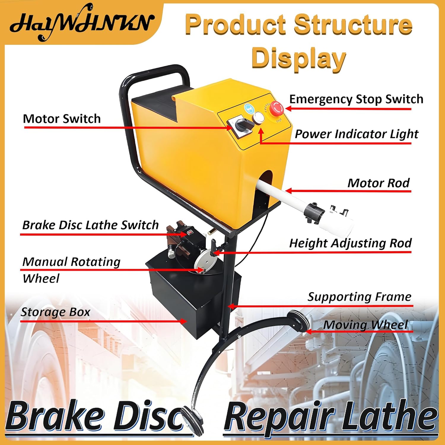 Brake Disc Resurfacing Machine 110V On-Car Brake Disc Lathe Tool Repair Polishing Machine with Robust Cutter Head, 17.72in Dia 0.24-1.65'' Thickness, for Various Vehicles in Auto Repair Shop