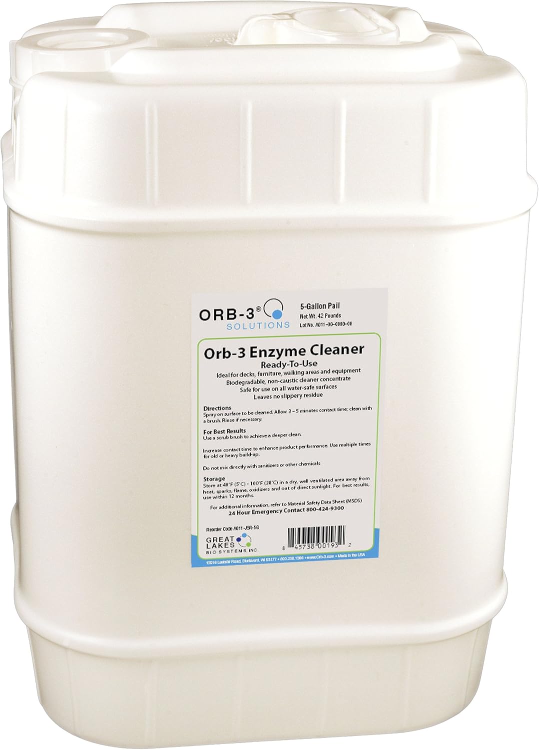 Orb-3 A011-J5R-5G Enzyme Ready to Use Cleaner for Pools, 5-Gallon Pail