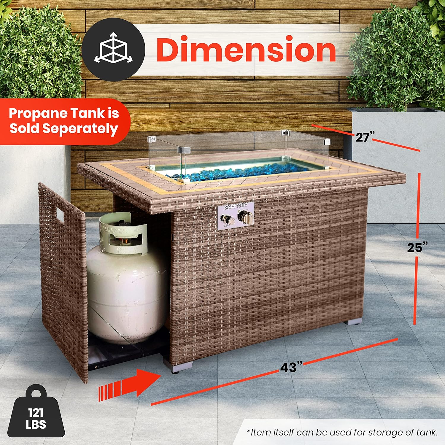 SerenelifeHome Outdoor Propane Fire Pit Table- 50,000 BTU Auto-Ignition Gas Fire Pit w/Glass Wind Guard, Mosaic Tabletop with PE Rattan Base