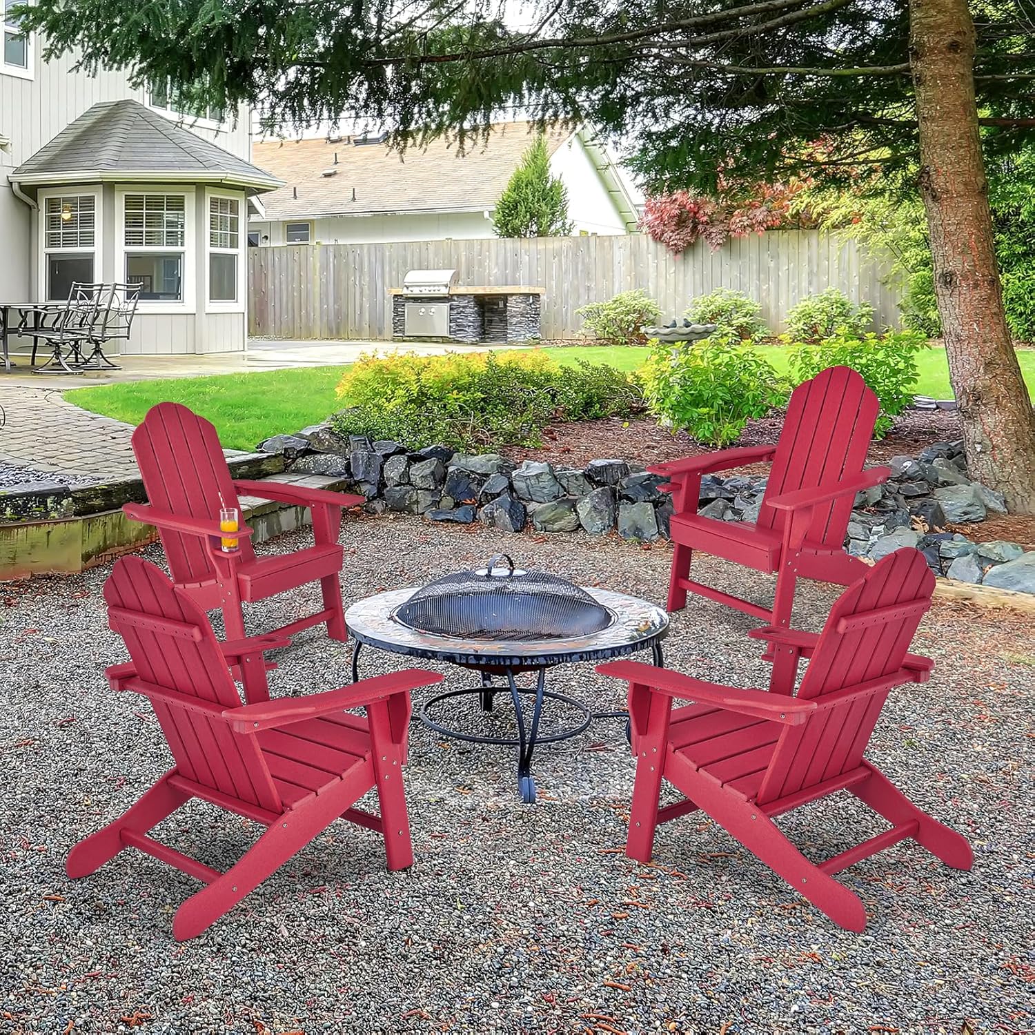 Giantex Adirondack Chair, HDPE All-Weather Patio Chair with Built-in Cup Holder, Outside Composite Chairs, Lawn Chair for Campfire, Deck, Garden, Yard, Balcony, Outdoor Fire Pit Chairs (4, Red)