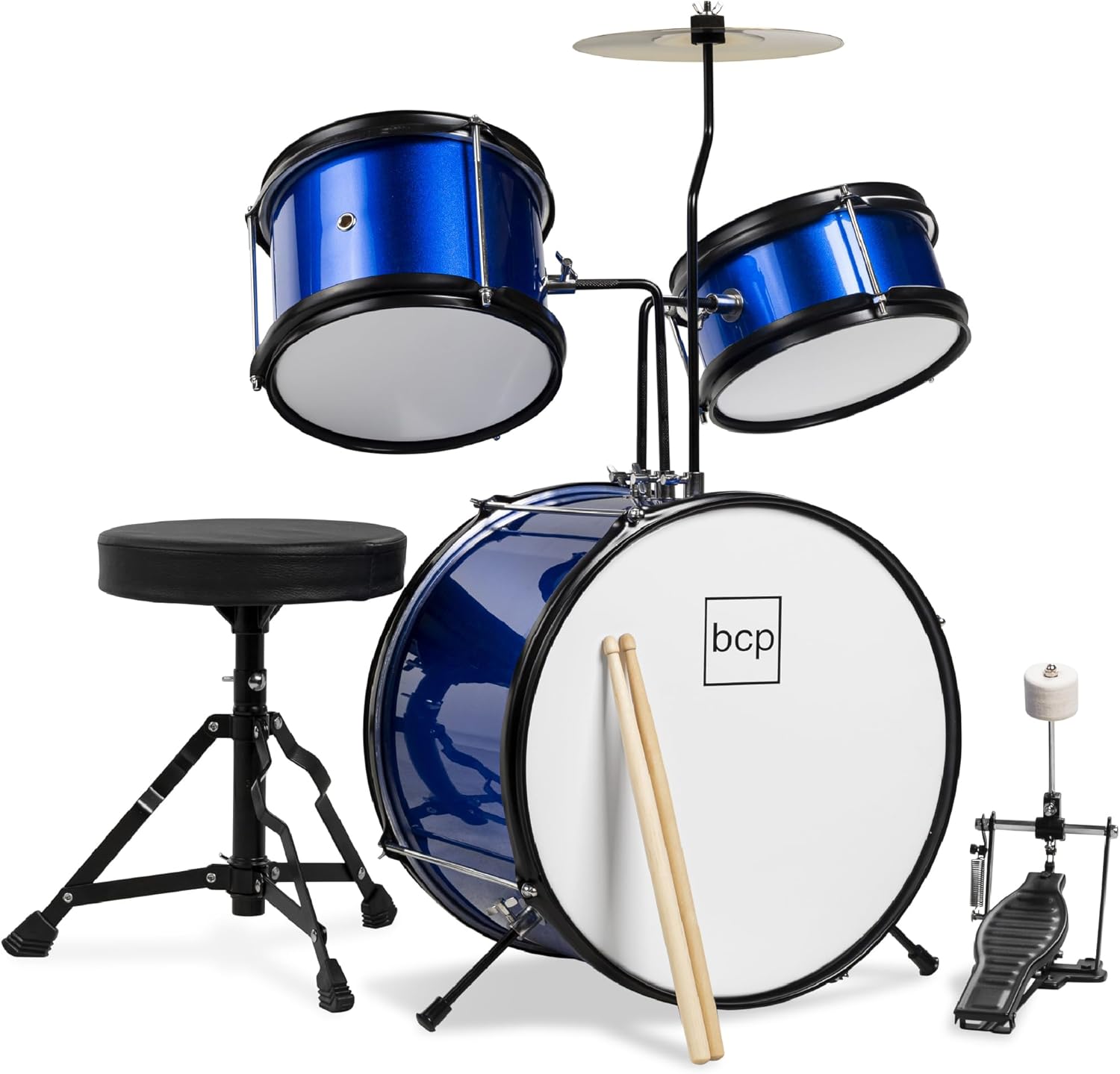 Best Choice Products 3-Piece Beginner Drum Set for Kids Juniors, w/Throne Stool, Cymbal, Drum Sticks, Bass Drum Pedal, 2 Toms - Blue