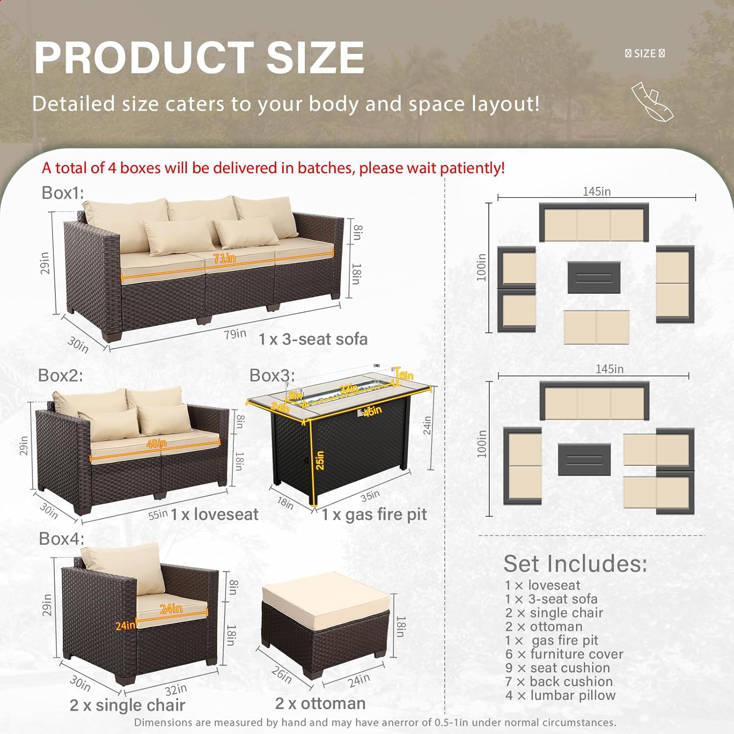 7 PCS Patio Furniture Set Outdoor Patio Furniture with 45-Inch Propane Fire Pit Table Outdoor Couch Patio Chairs Outdoor Conversation Set with Non-Slip Cushions Waterproof Covers, Khaki