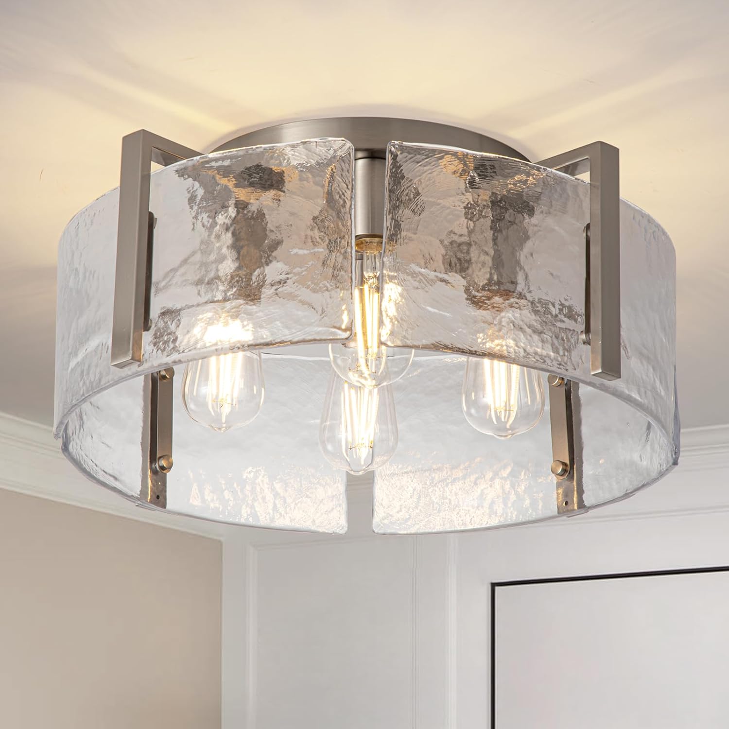 Modern Semi Flush Mount Ceiling Light Fixture, Nickel Hallway Light Fixtures Ceiling Mount, Dimmable Foyer Kitchen Lighting Fixtures Ceiling Lights for Bedroom Bathroom Dining Room Laundry Room