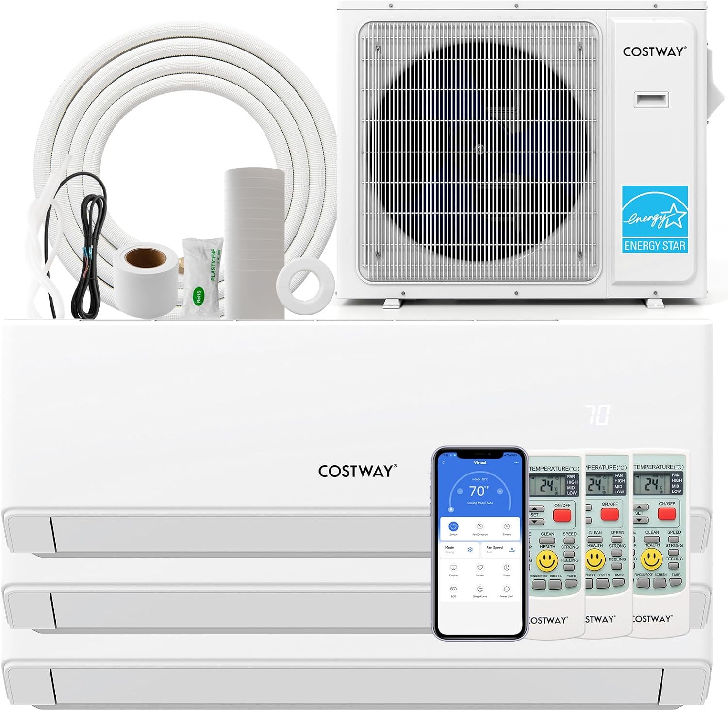 COSTWAY 30k Tri 3 Zone Mini Split Air Conditioner, 23 SEER2, 9k+9k+9k BTU, 208-230V, Wifi Enabled Multi Zones Mini Split AC Heat Pump Full Set, Ductless Energy Star