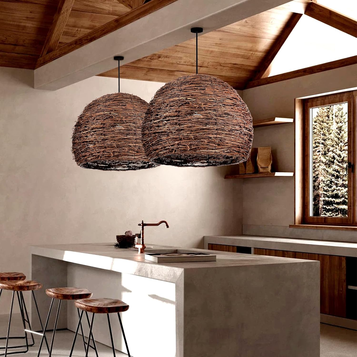 Arturesthome 1 Light Rustic Woven Rattan Pendant Light, Coastal Lighting Fixture, Vintage Farmhouse Lampshade Chandelier Hanging Ceiling Lamp Shade for Kitchen Island Dining Room W 15.7″* H 11″