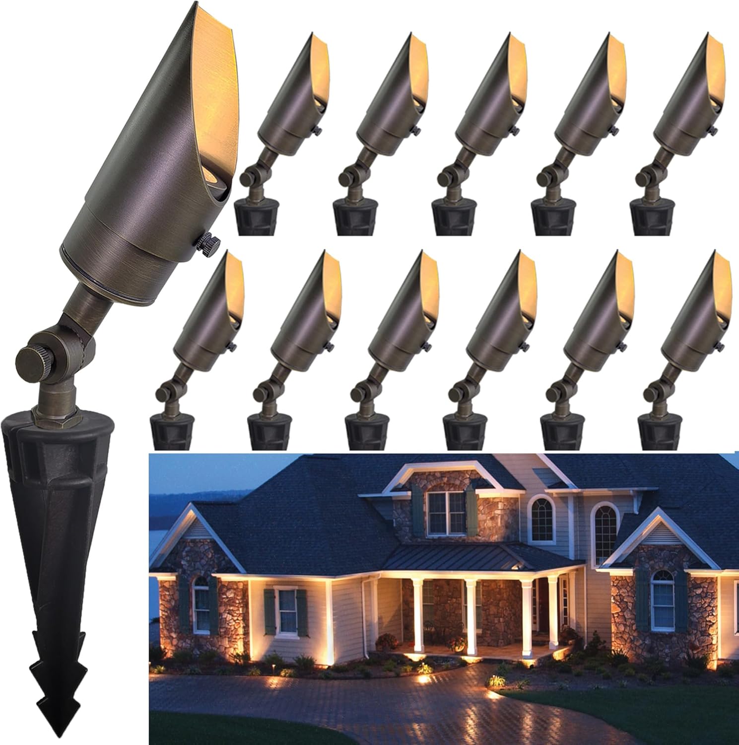 MALORY Landscape Spotlight, Brass Spot Light Outdoor with 5W MR16 LED Bulb, 12V AC/DC Low Voltage Landscape Lighting Waterproof Spot Lights for Outside Tree, Garden, Yard (S01, 12 Pack Without Bulb)