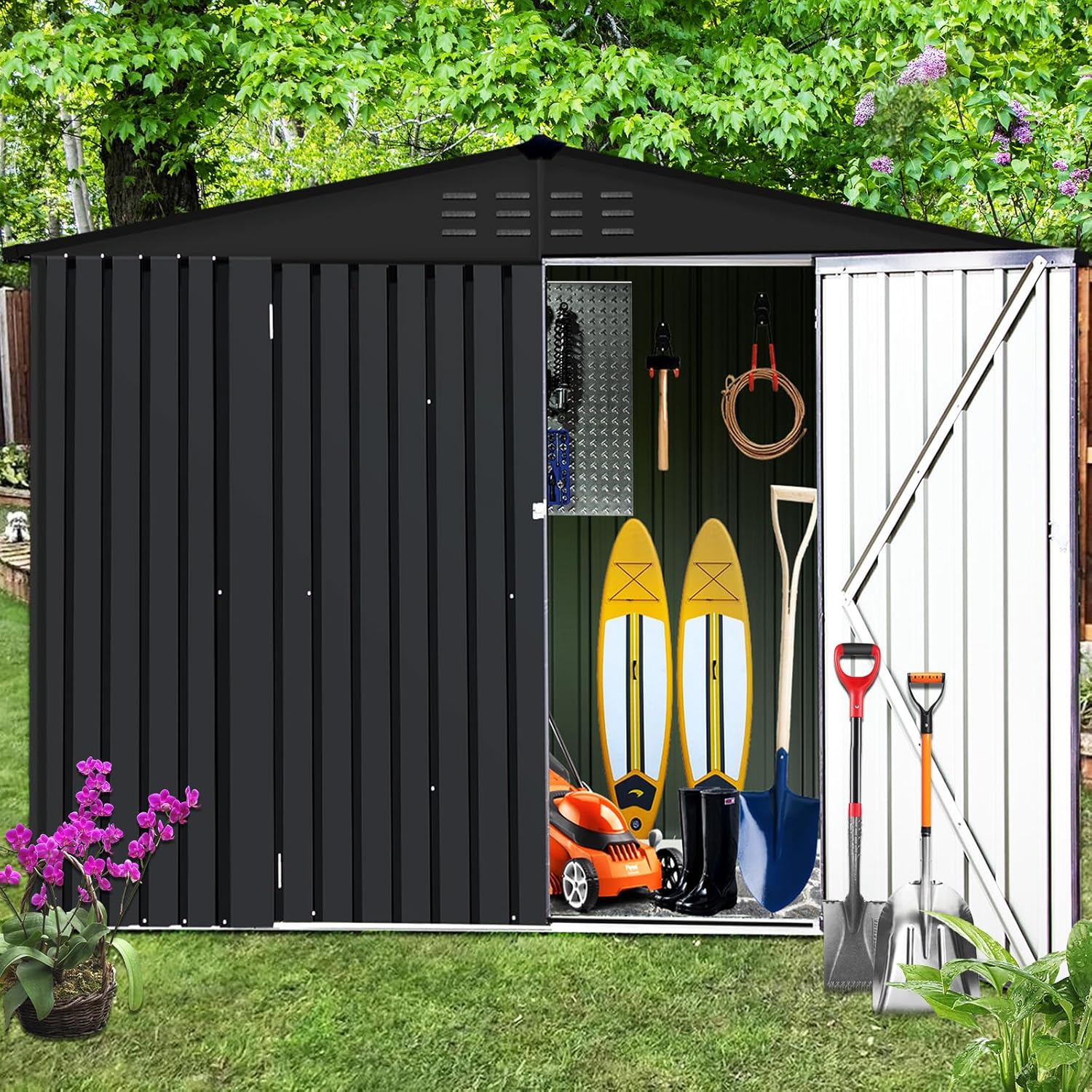 Outdoor Storage Shed House Large 4.2x9.1 FT, Portable Waterproof Metal Utility Tool Organization with Lockable Doors and Air Vent for Patio Backyard Garden, Black