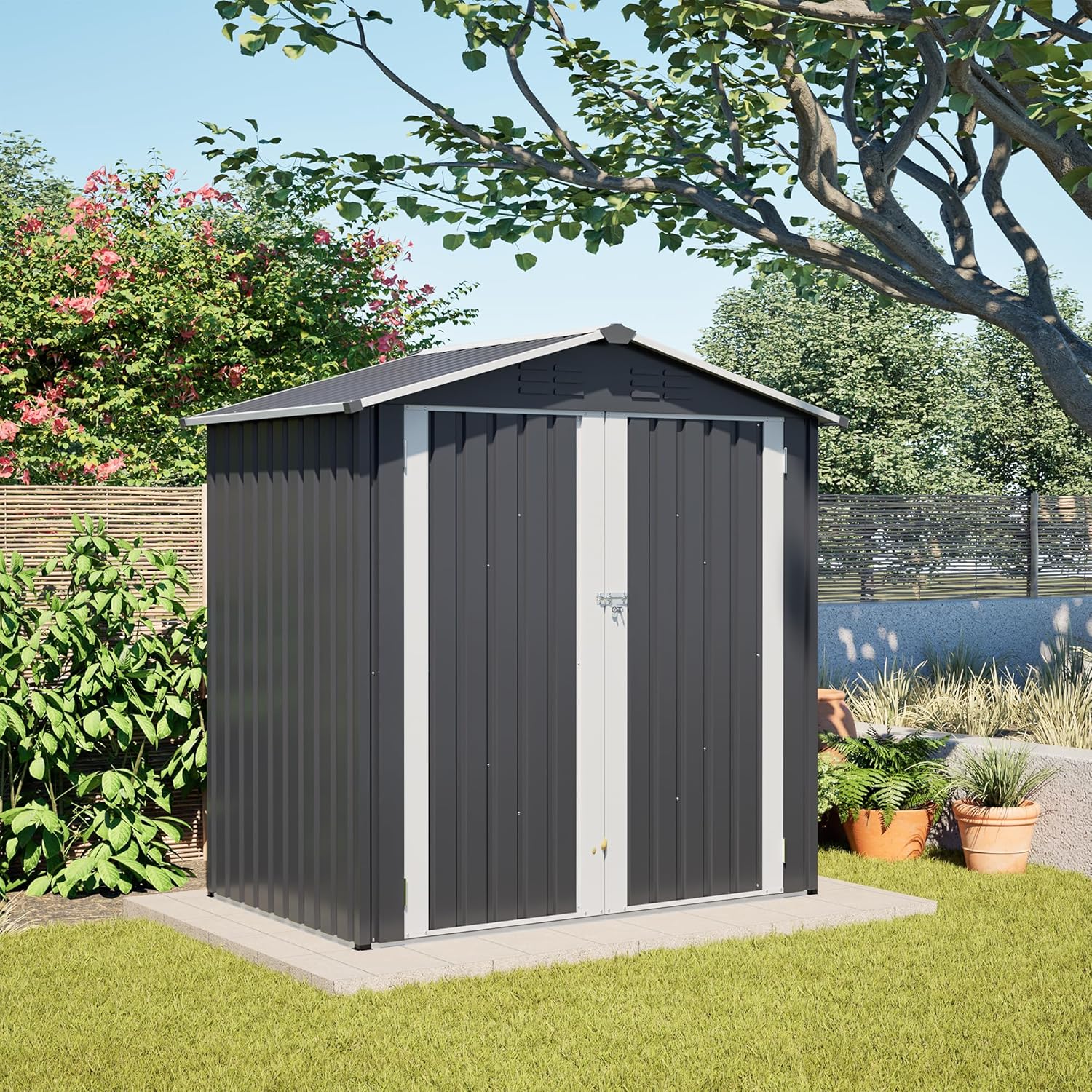 6 x 4 FT Outdoor Storage Shed with Floor Base & Lockable Hinge Door,Metal Garden Shed W/Sloped Roof,for Backyard Patio Lawn,Gray