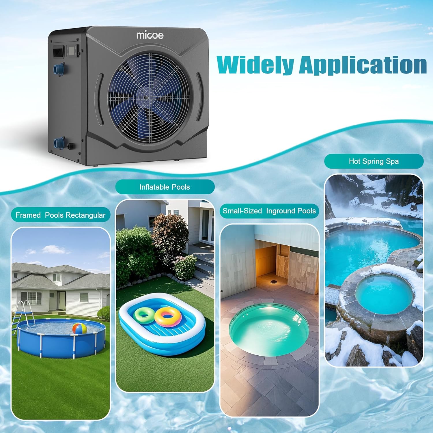 MICOE 17000 BTU Pool Heater for Above Ground, Swimming Pool Heat Pump Heating or Cooling, Titanium Heat Exchanger，Ultra Quiet 50dB, 120V with Easy Install Kit