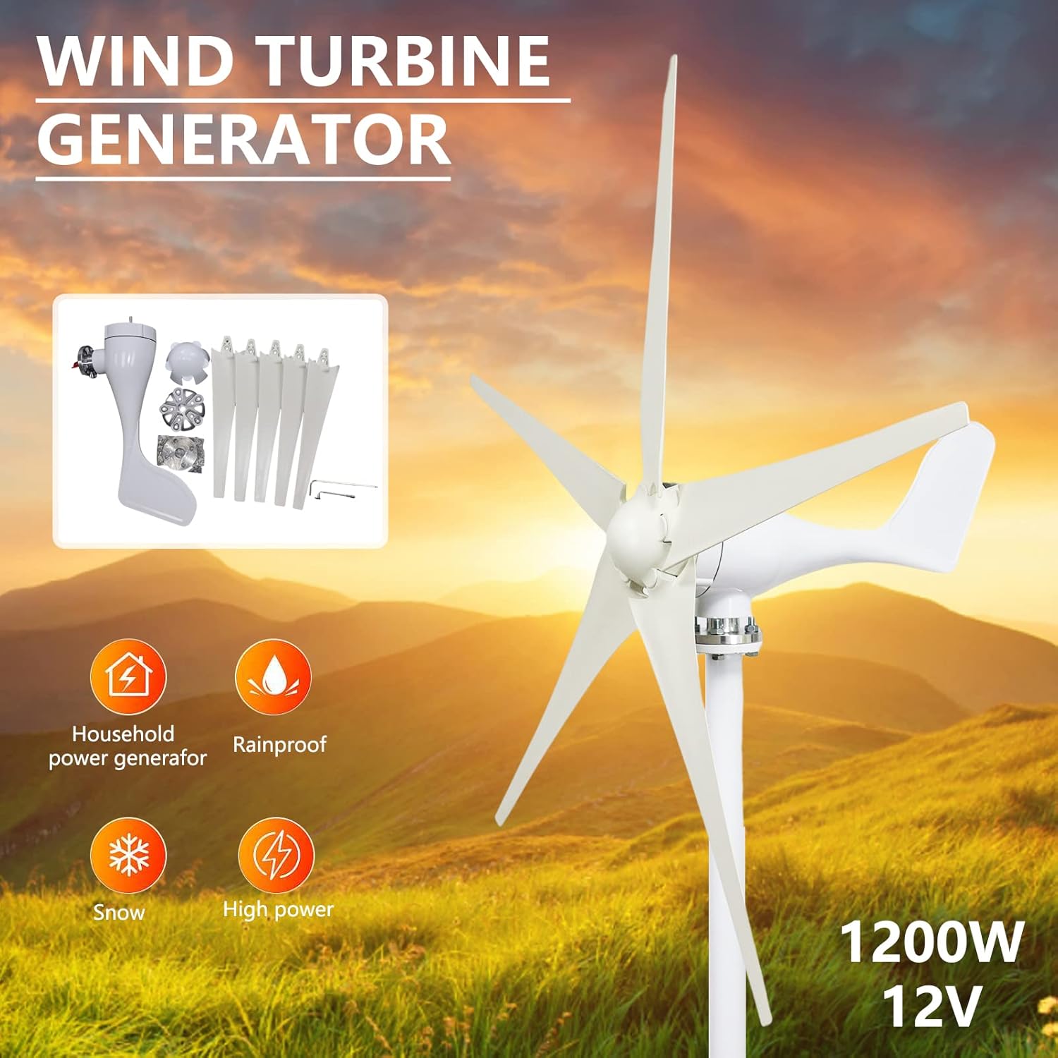 Wind Turbine Generator kit, Mini Windmill Turbines Generator 1200W, Wind Power Generator for Marine, RV, Home, Windmill Generator Suit for Hybrid Solar Wind System
