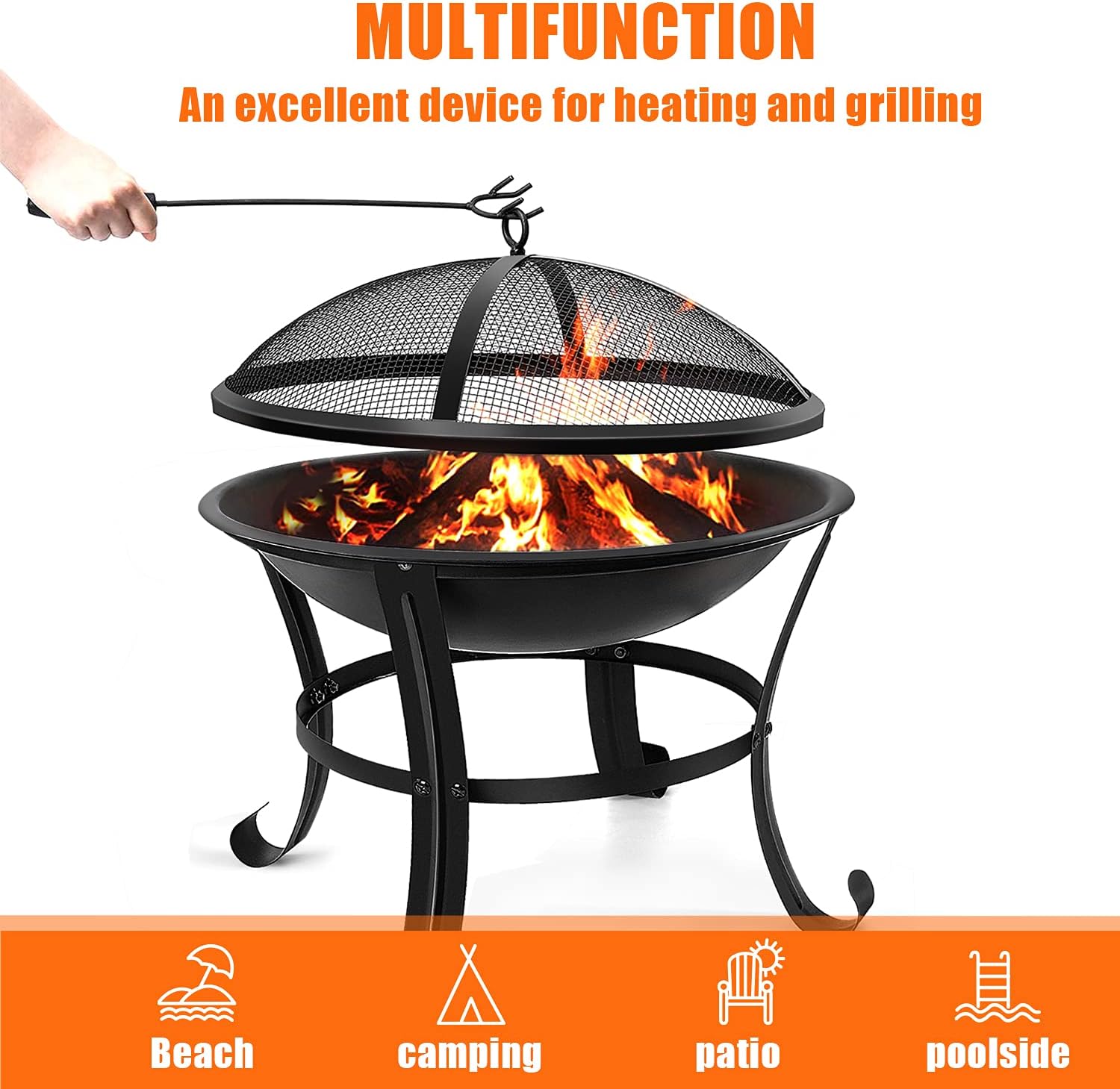 Outdoor Fire Pits, 22'' Portable Bonfire FirePits for Outside Wood Burning with Spark Screen and Fireplace Poker for Backyard Garden Patio Bonfire Heating, Camping and BBQ, Black