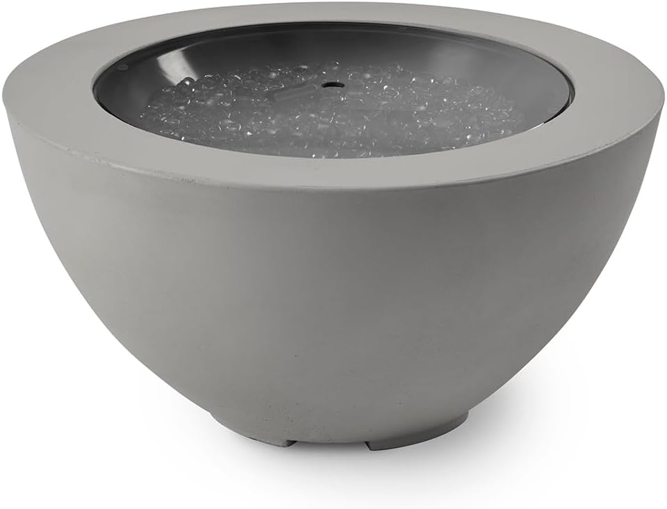 Outdoor GreatRoom Co Propane Fire Pit Table - Cove Gas Fire Pits for Outside Patio - 29 Inch Round Bowl Concrete Firepit Fire Table with Glass Tabletop Cover, Tempered Clear Glass Gems, 80,000 BTU