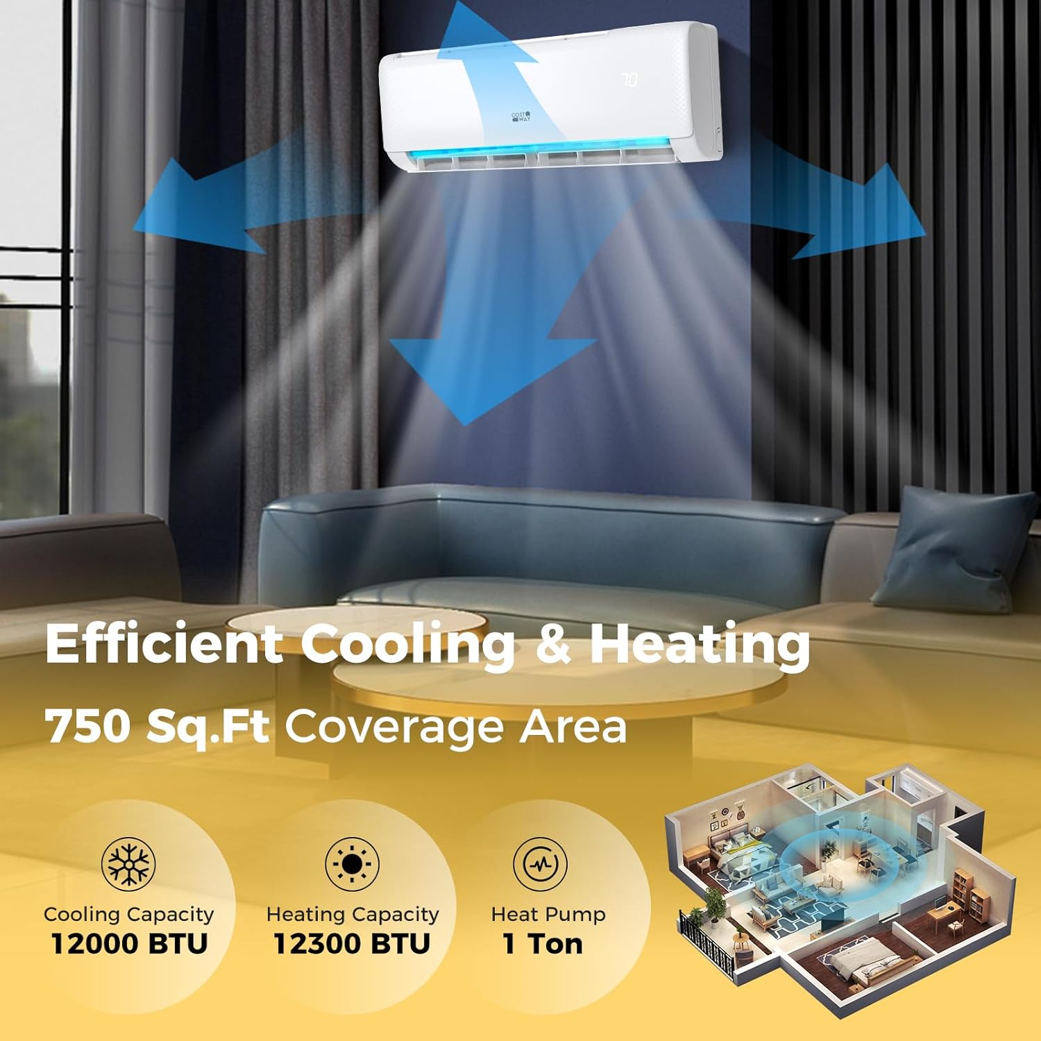 COSTWAY 12,000 BTU Mini Split Air Conditioner, with Heat Pump, Energy Star, 21 SEER2 Inverter, 24H Timer, Auto Clean, Remote Control for Rooms up to 750 Sq.Ft, 208-230V (Airtural Series)