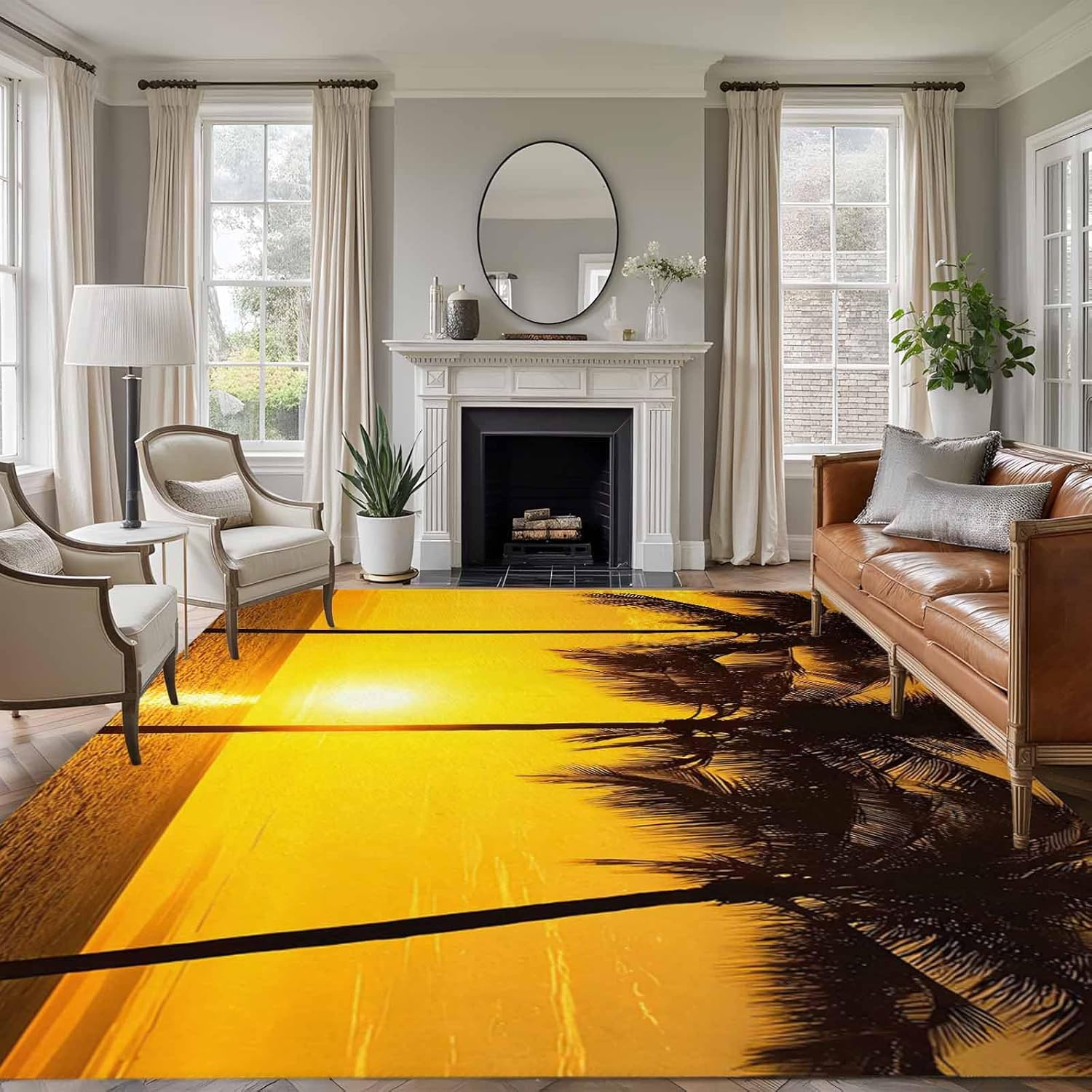 Large Area Rug 8'x10',Coastal Coconut Tree Non-slip Runner Carpet for Living Room/Bedroom/Office,Ocean Beach Palm Sea Brown Washable Outdoor Indoor Rectangle Area Rug Floor Mat for Kitchen/Dining Room