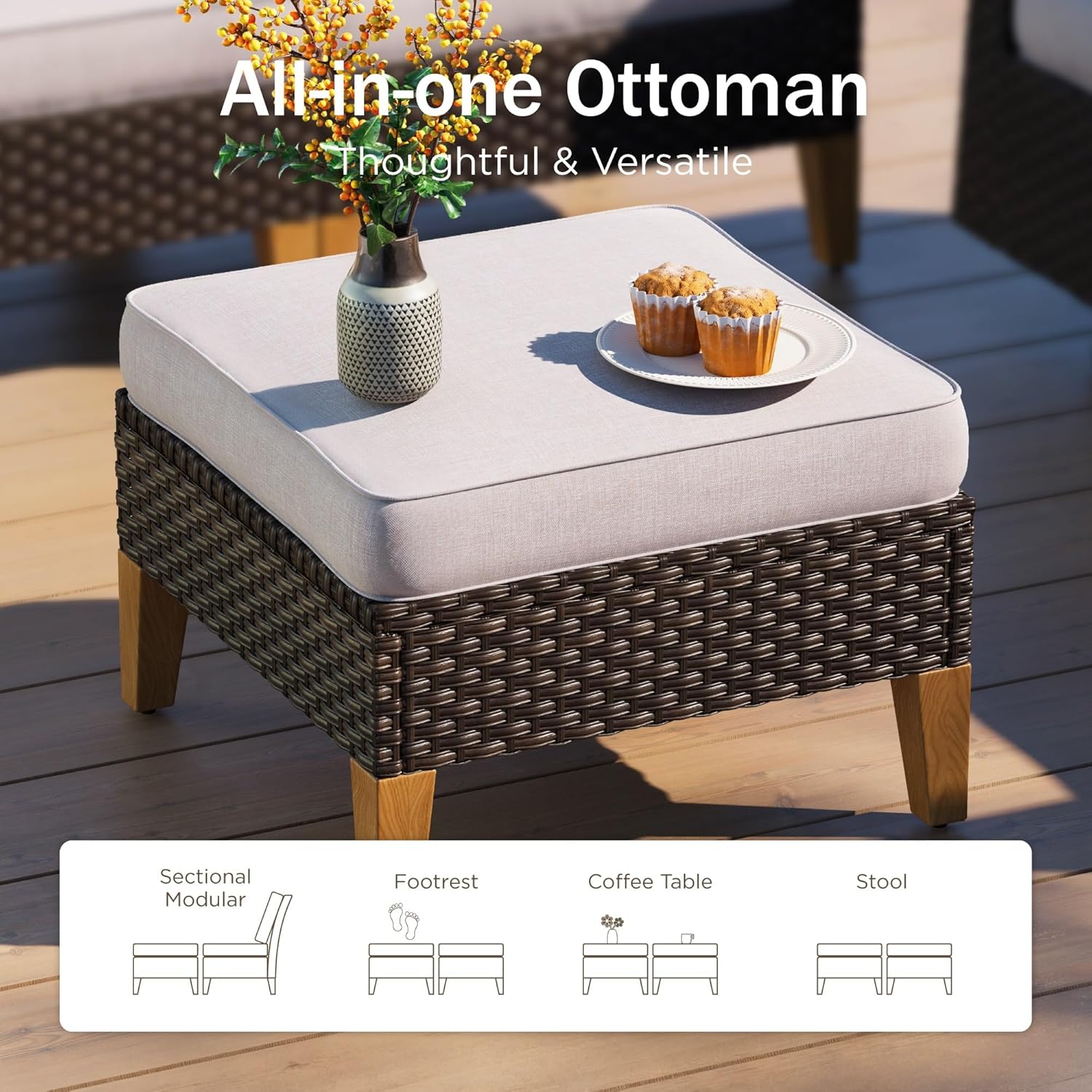 PHI VILLA 9-Seat Outdoor Wicker Furniture Set with 4-inch Thick Cushions, High Back Wicker Sofa with Gas Fire Pit Table for Cozy Patio Conversations in Elegant Beige (3 Seat Sofa)