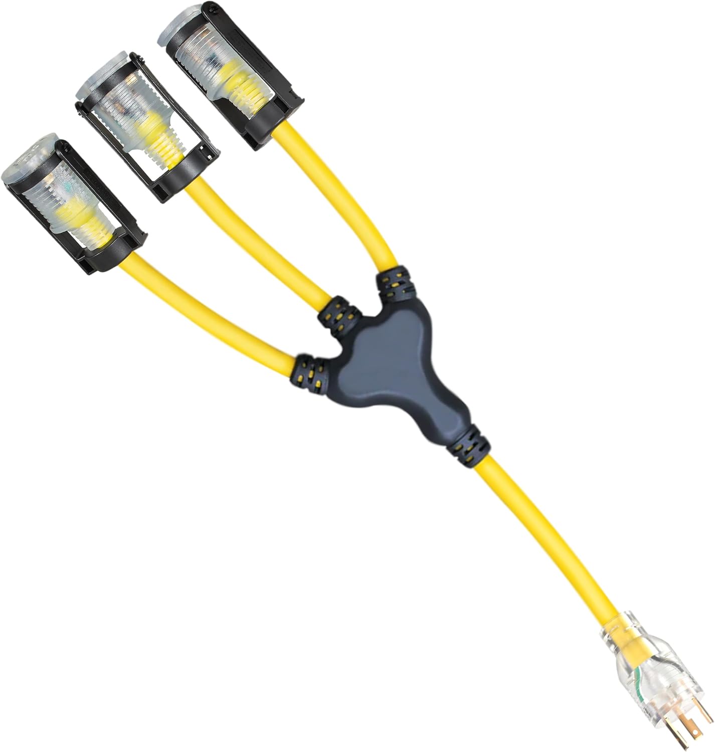 OHLECTRIC 2 Feet Yellow Extension Cords with Lighted End – Lighted Generator W Adopters with E-Zee Lock Connectors - Converts Single L14-30 Plug into Three 5-20 receptacles