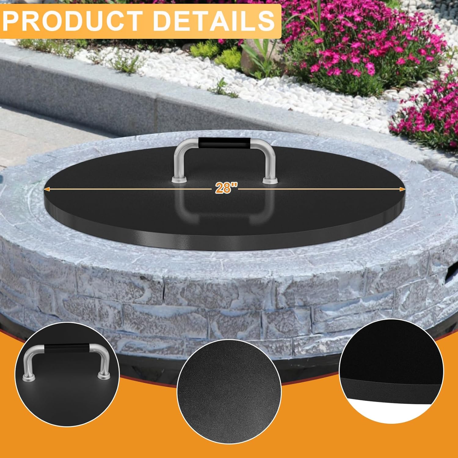 28 inch Universal Fire Pit Metal Cover for Outdoor Round Patio Fireplace, Snuffer Lid for Outdoor Round Built in Stone Firepit, Rust Resistant Coated Steel Fire Pit Ring Cover, Heat Resistant