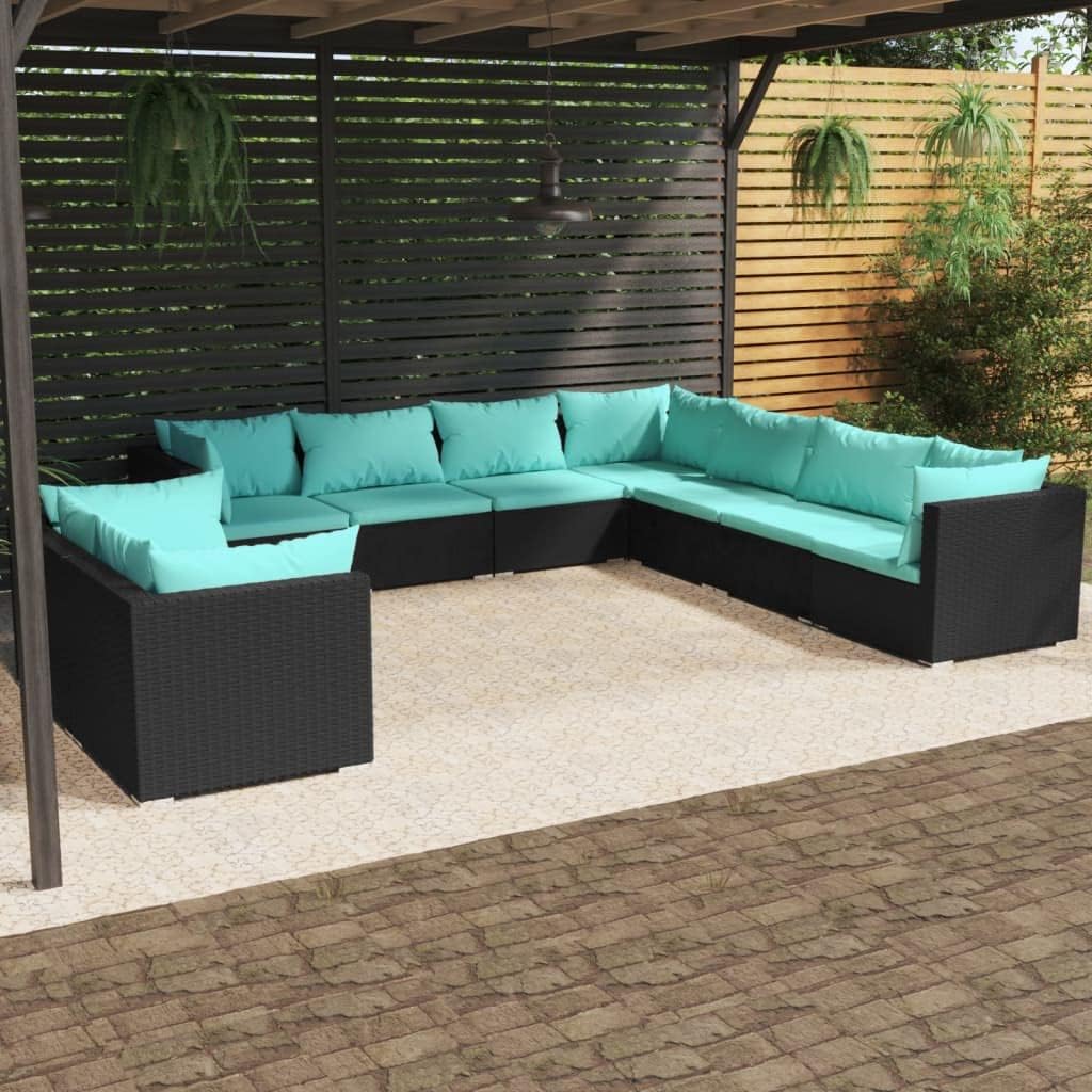 Furniture Sets 9 Piece Patio Lounge Set with Cushions Black Poly Rattan,Elegant and Durable Poly Rattan Patio Lounge Set for Leisurely Relaxation Garden Conversation Sets