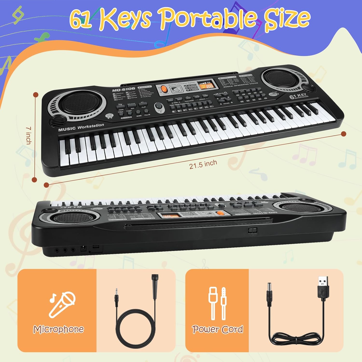61 Key Piano Keyboard, Beginner Electronic Keyboard for Kids with Teaching Mode, 6 Demo Songs, 16 Tones, Microphone and Power Supply, Kids Piano Keyboard for Birthday Gift/Christmas Gift