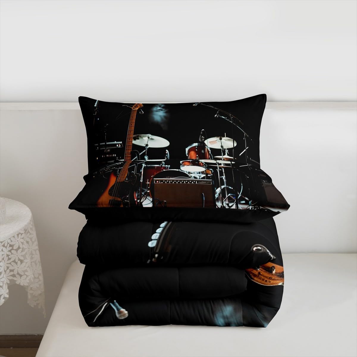 Retro Drum Kit King Bedding Set for Kids,Pop Music Comforter Bed Set Boys Men Bedroom Decor,Boys Girls Rock Music Themed Quilt Set for Child Bedroom 3 PCS,Musical Duvet Insert,2 Pillow Cases