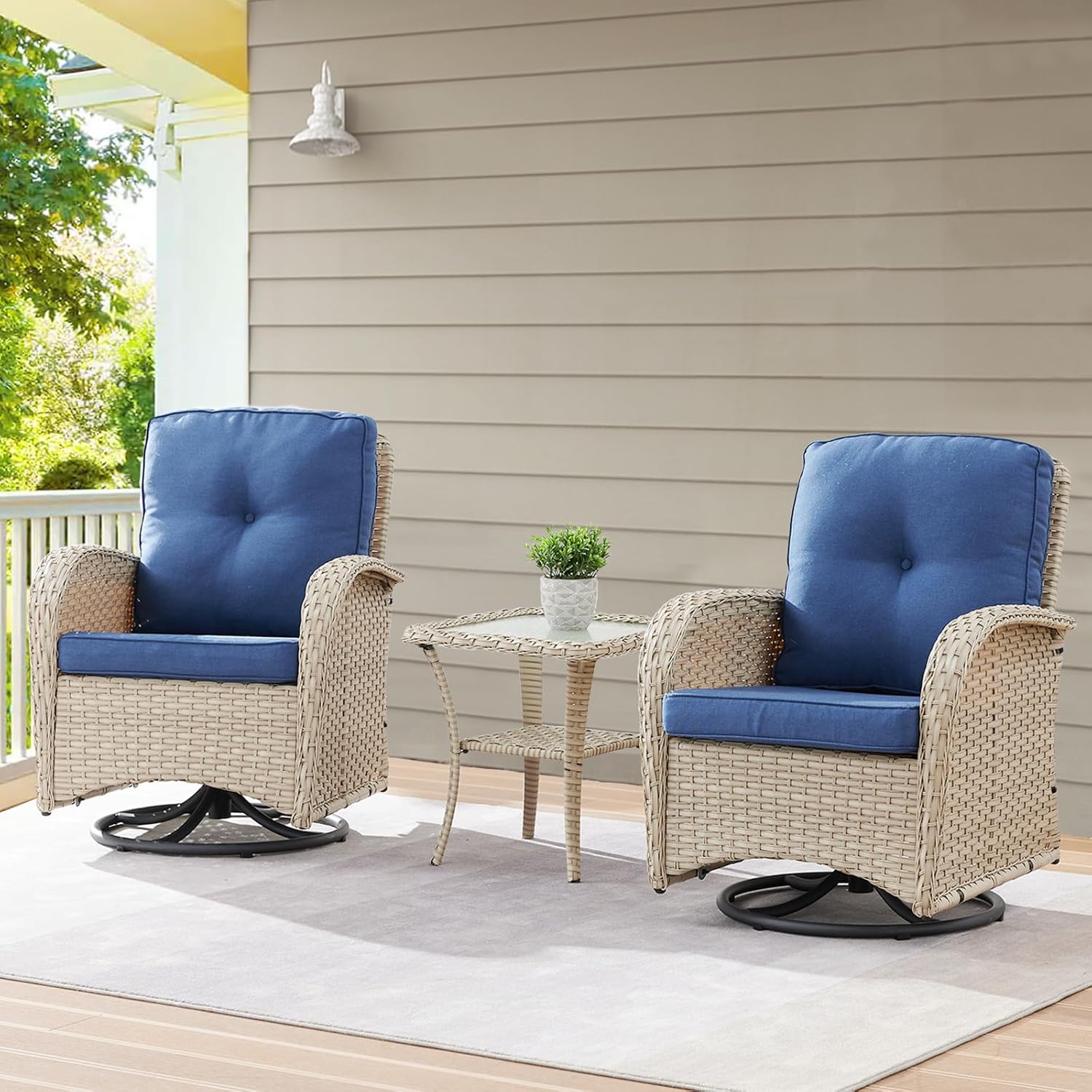 Belord Patio Wicker Chairs Swivel Rocker - Outdoor Swivel Rocking Chairs Set of 2 with Rattan Side Table,3 Piece Patio Swivel Glider Chair Furniture Sets for Patio Porch Pool Light Beige/Blue