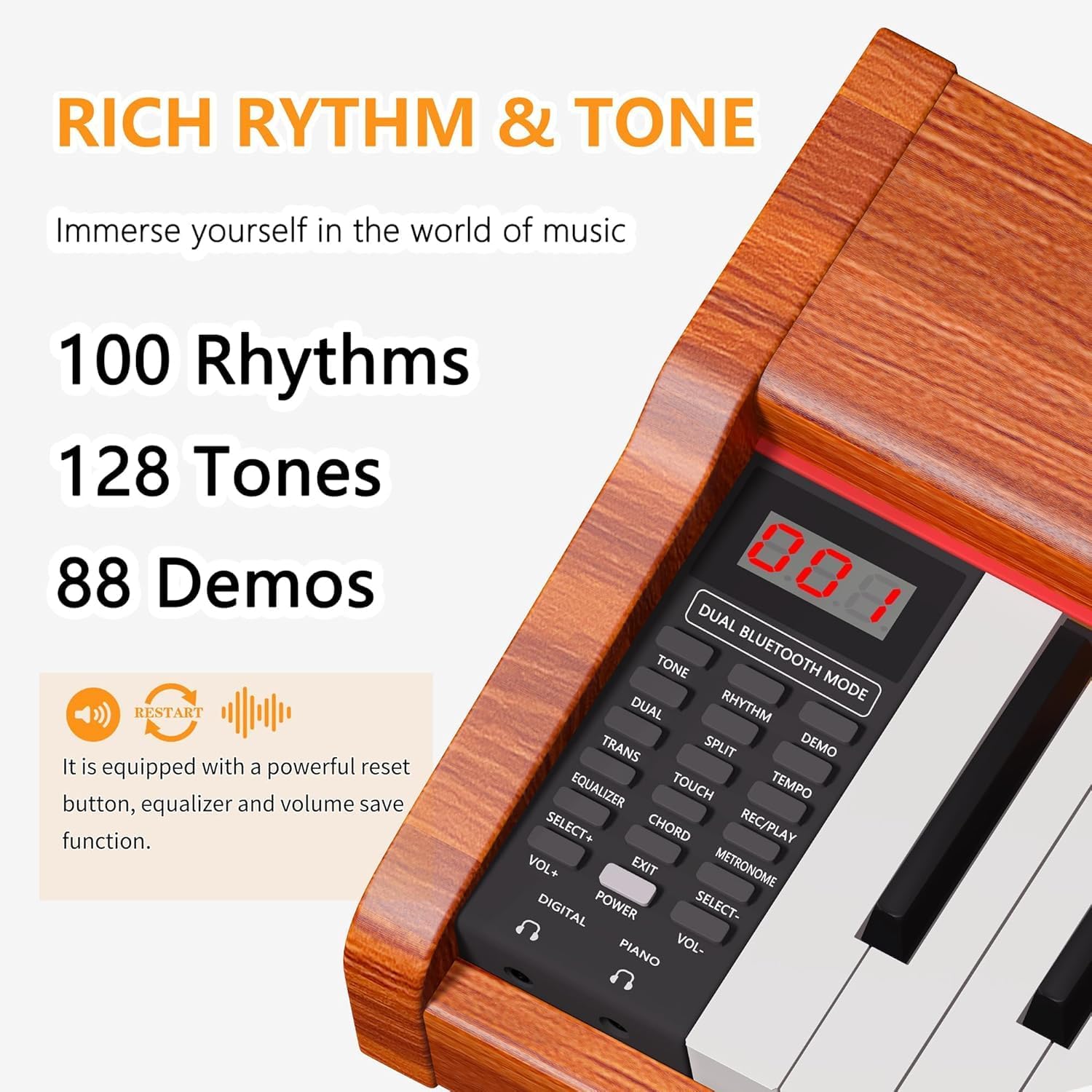 WENCAI 88 Key Fully Weighted Electric Piano Keyboard Hammer Action Full-size Digital Pianos for Beginner Professional Wooden Upright Piano with Sheet Music Stand Triple Pedal Supports USB-MIDI Orange