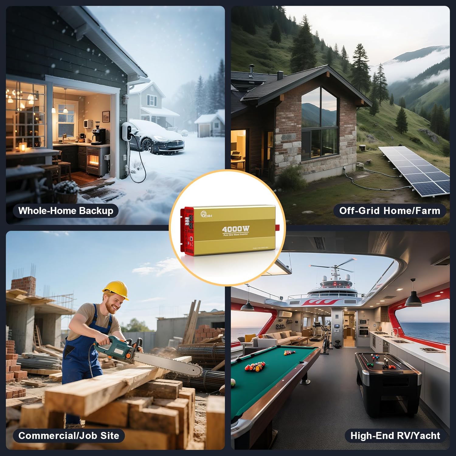 4000W Pure Sine Wave Inverter 12V DC to 120V AC Converter for Family Emergency Preparedness,Camping,RV,Solar DIY,Outdoors,Built-in 5V/2.1A USB-A,USB-C,Hardwire Port, Remote Controller