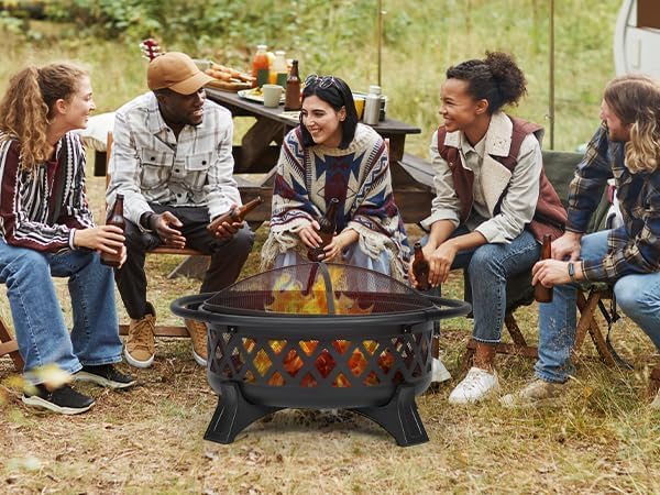 37 Inch Outdoor Fire Pit with Poker, Wood Burning Fire Pit with Spark Screen Cover, Open View Design, Secure & Stable Use, Effortless Portability, Easy Assembly