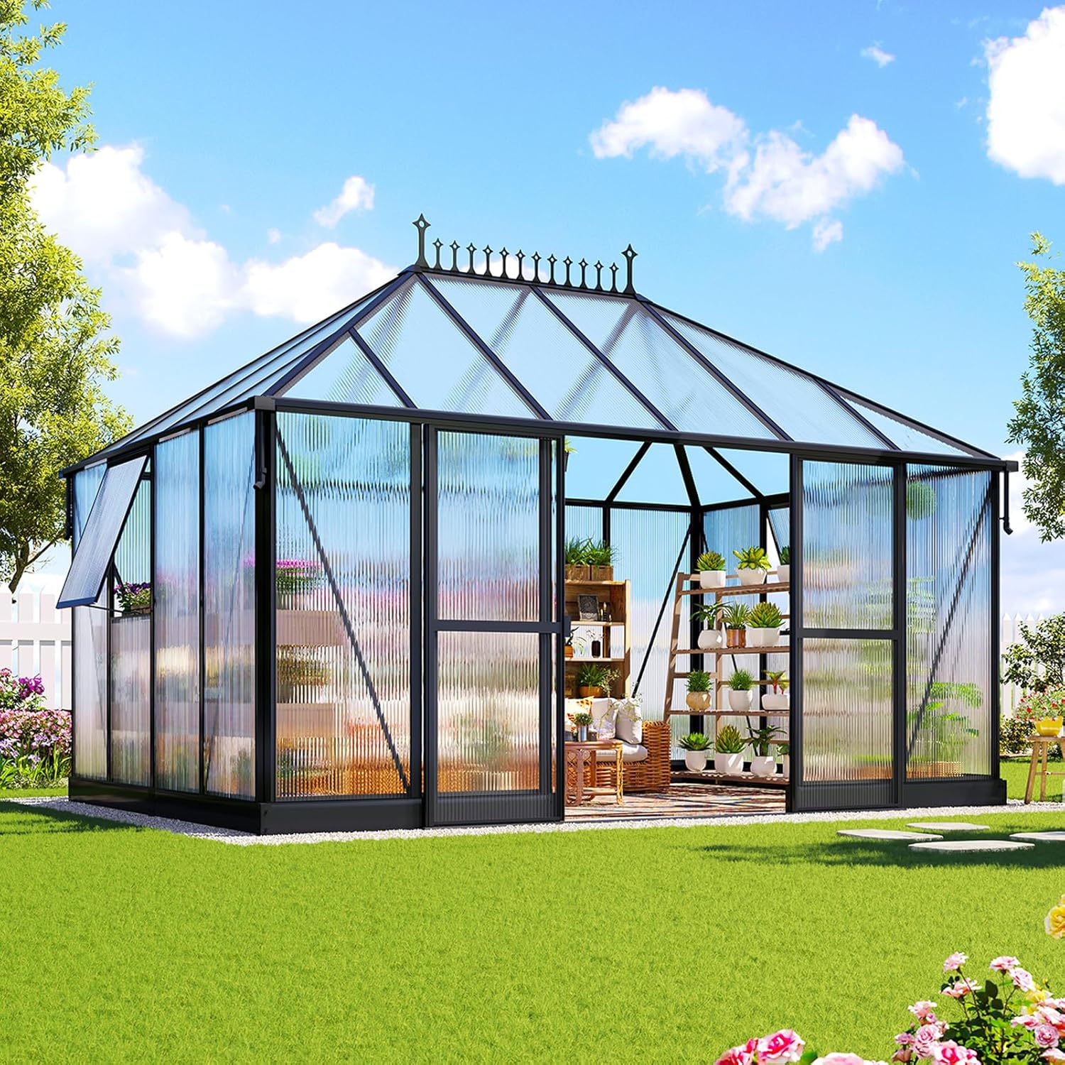 14x9.7x10 FT Polycarbonate Greenhouses for Outdoors, Large Huge Greenhouse Sunroom with 2 Adjustable Windows &Sliding Door, Walk-in Design with Aluminum Frame for Patio, Garden