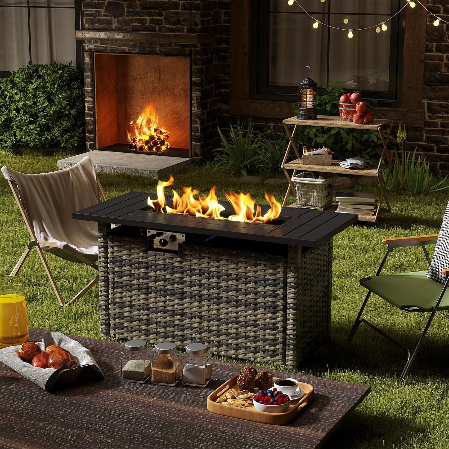 44IN Yellow-Brown Wicker Gas Fire Pit Table with Side Door, Propane Powered, 50000 Btu