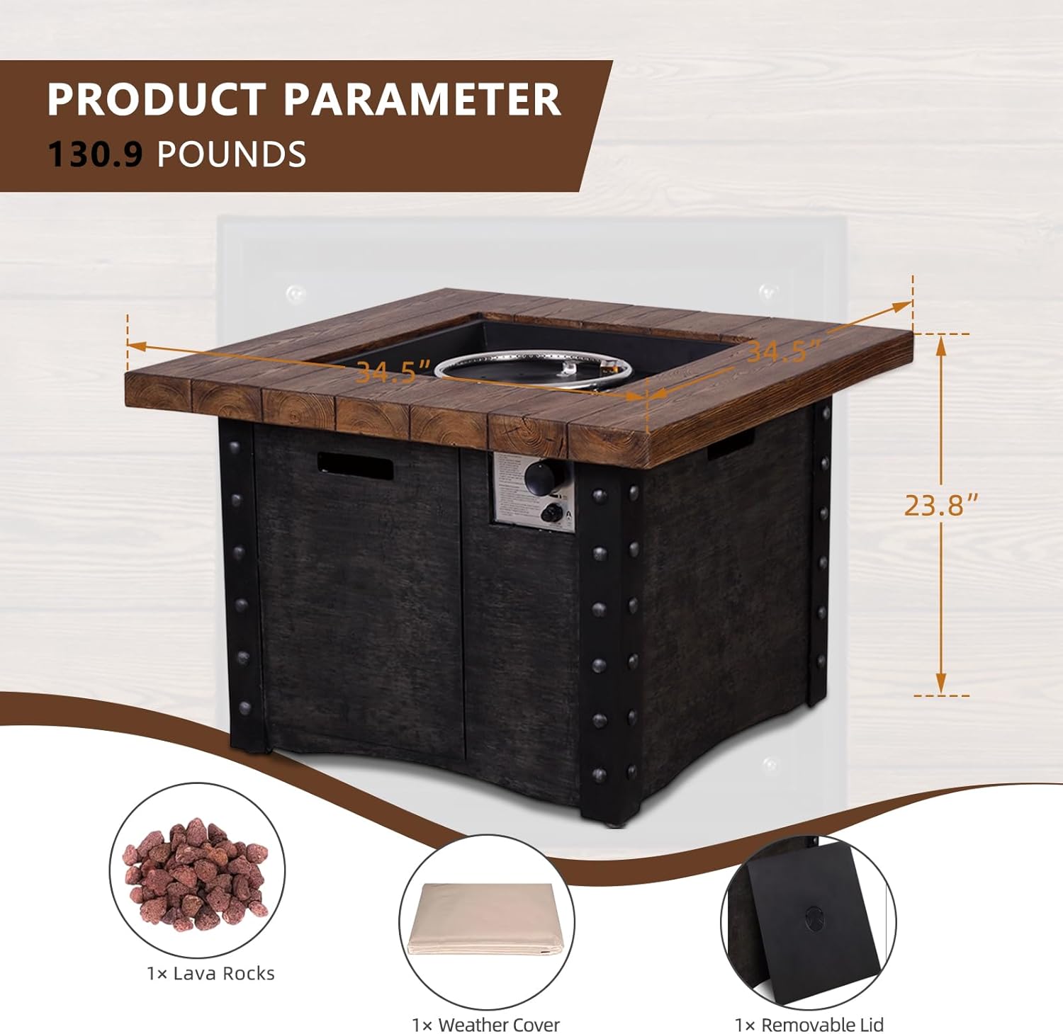 Good Product 50,000 BTU Outdoor Gas Fire Table, Faux Woodgraine Table top Fire Pit