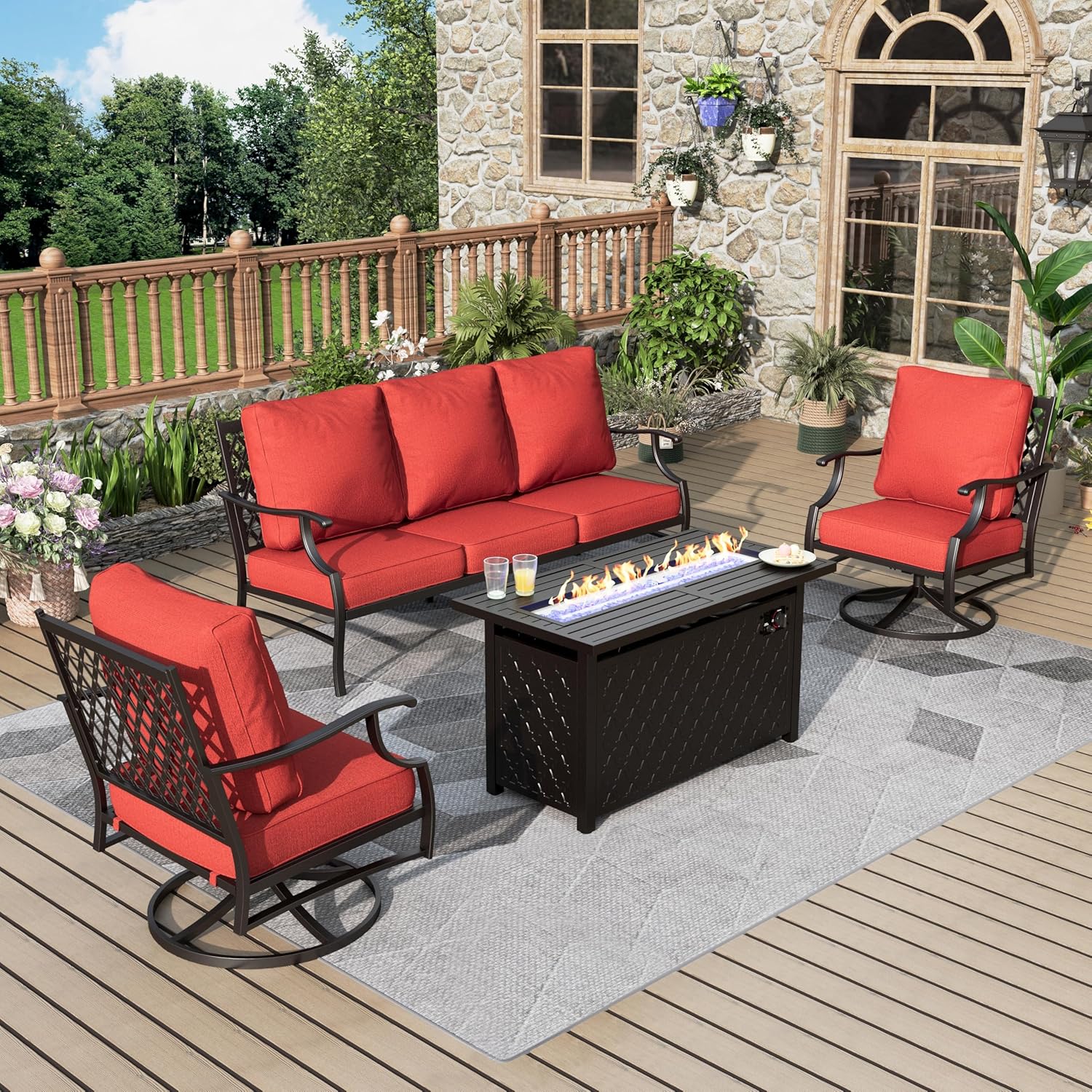 Patio Furniture Set, 4 Pcs Metal Outdoor Conversation Set, 2 Swivel Chairs and 3 Seater Sofa with 5.75