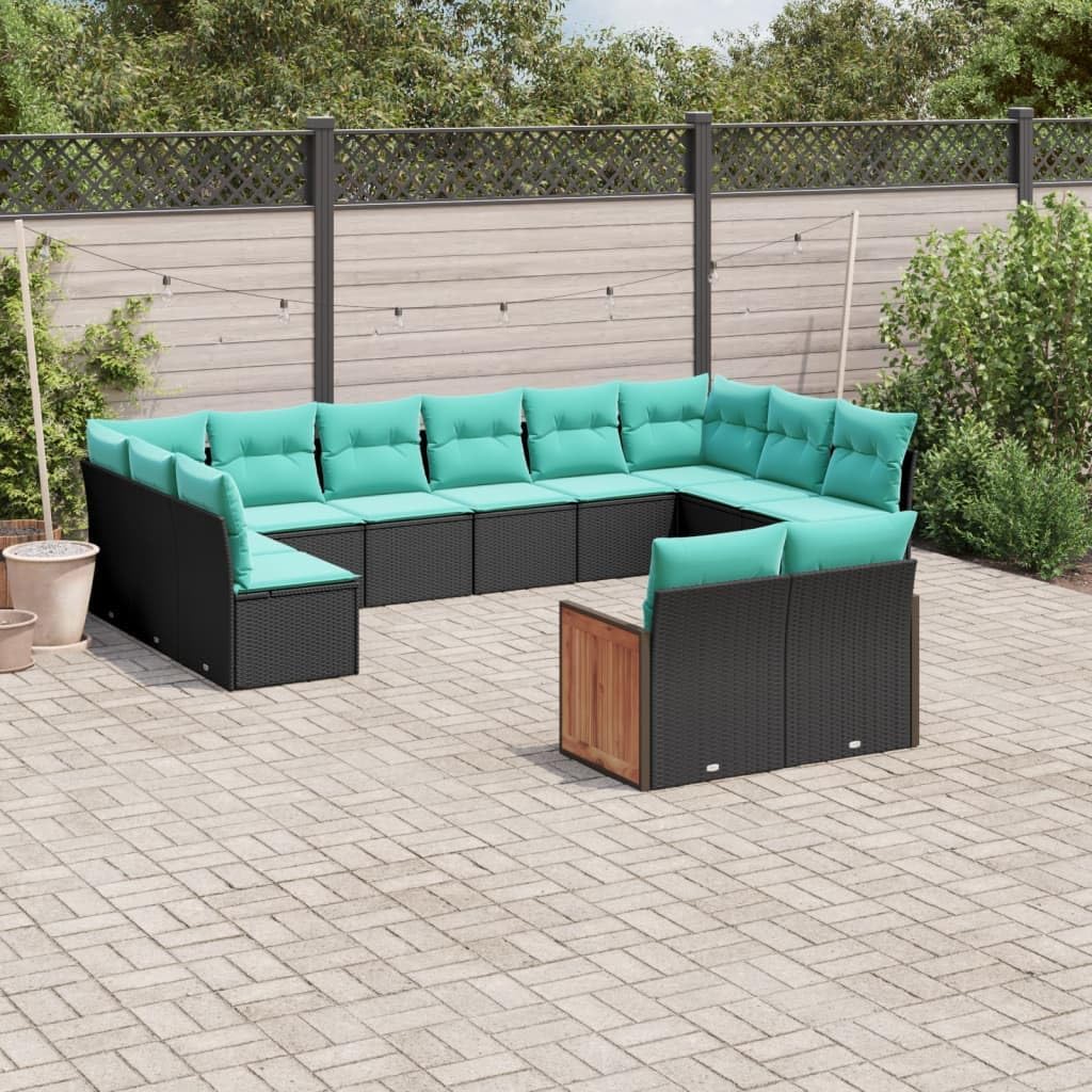12-Piece Outdoor Garden Sofa Set, Black PE Rattan, Modular Patio Furniture with Adjustable Feet, UV-Resistant, Spacious Seating for 12, Weatherproof Cushions