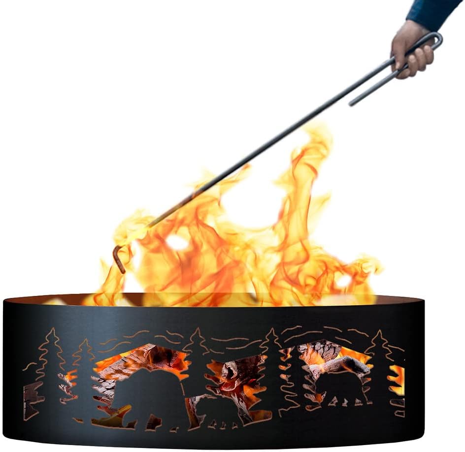 PD Metals BCR00437-FP Bear N Cubs Unpainted 12 in. Tall 37 in. Diameter Outdoor Fire Ring with Fire Poker - 37 x 37 x 12 in. - Rustic Black Color