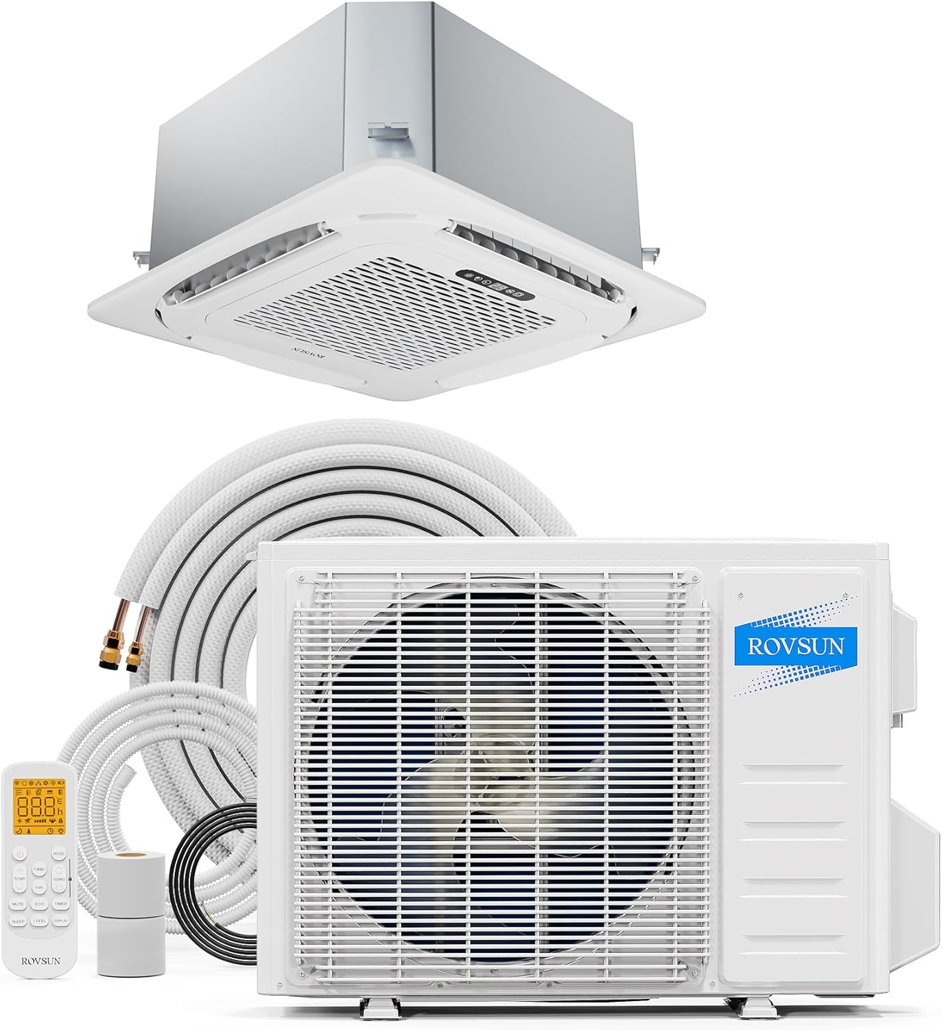 ROVSUN 23000 BTU Ceiling Cassette Air Conditioner with Inverter & Remote Control, 23 SEER2 Ductless Mini Split AC/Heating System with Pre-Charged Condenser, Heat Pump & Installation Kit, 230V