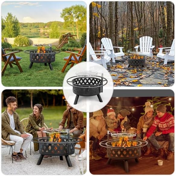 30 Inch with 1 Grill, Outdoor Fire Pit Ring with 1 Fork, Fire Ring for Outside Fire Pit with Ash Tray, Wood Burning Fire pits & Outdoor Fireplaces for BBQ, Party, Picnic