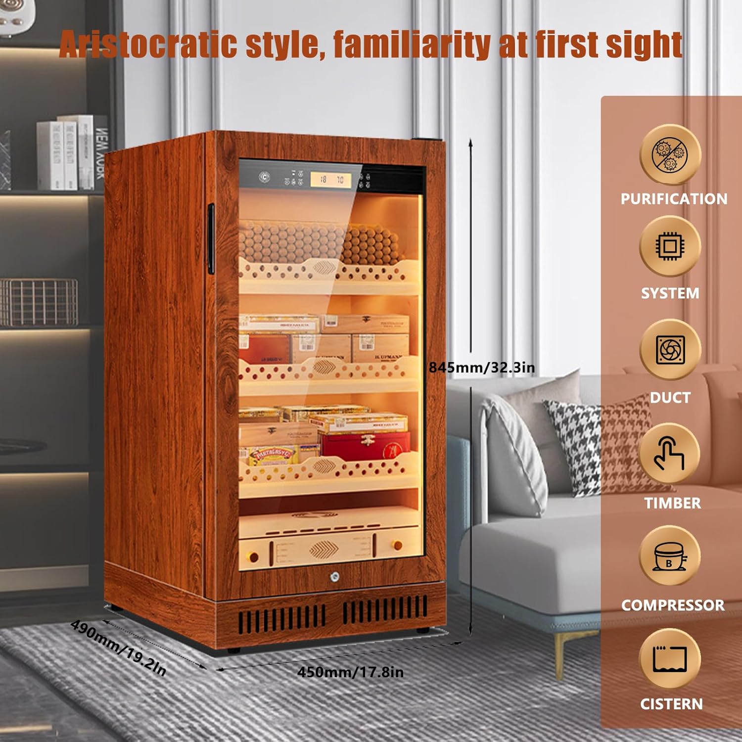 Electric Humidor, 600 Counts Cigar Humidor Cabinet with Heating and Cooling, Electric Cooling Cigar Fridge with Spanish Cedar Wood Shelves & Hygrometer, Gifts for Men