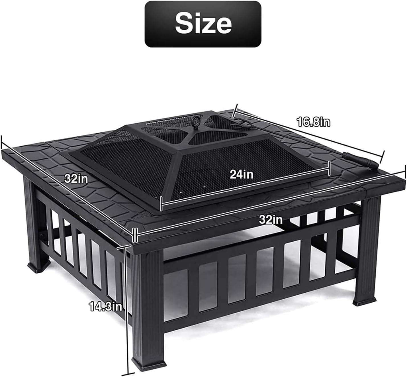 32 Inch Square Fire Pit Wood Burning Outdoor Firepit with Spark Screen Cover, Poker and Log Grate for Patio Backyard Camping Bonfire and BBQ