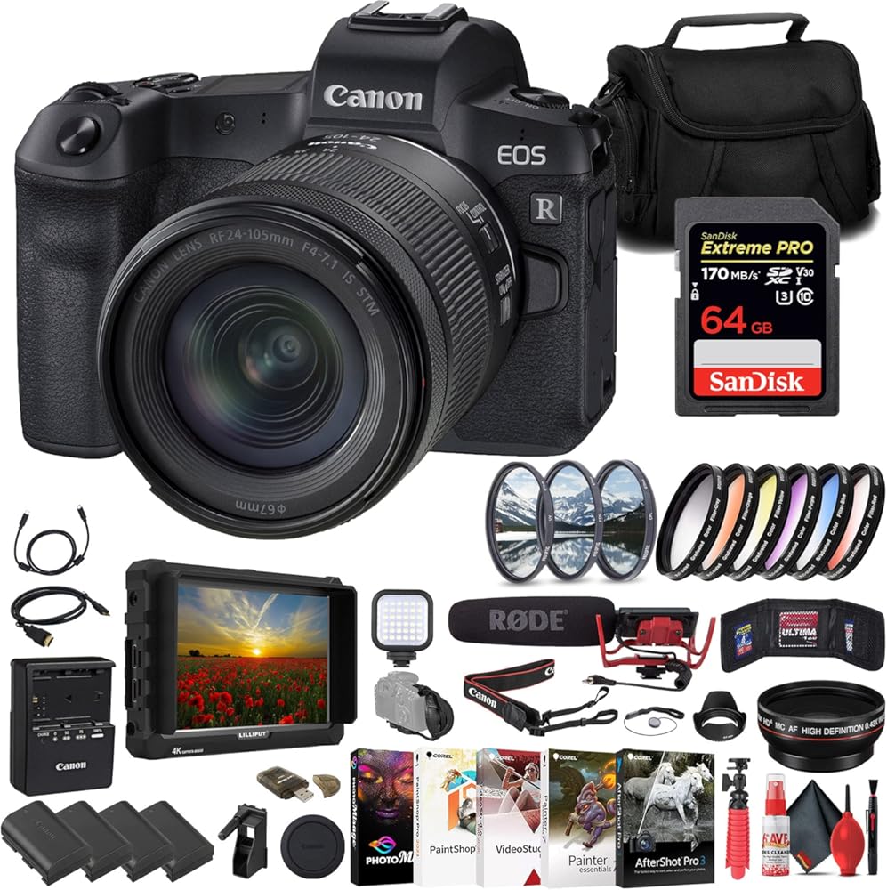 Canon EOS R Mirrorless Camera with 24-105mm f/4-7.1 Lens (3075C032) + 4K Monitor + Rode VideoMic + 64GB Memory Card + Filter Kit + Wide Angle Lens + Color Filter Kit + Lens Hood + Bag + More (Renewed)