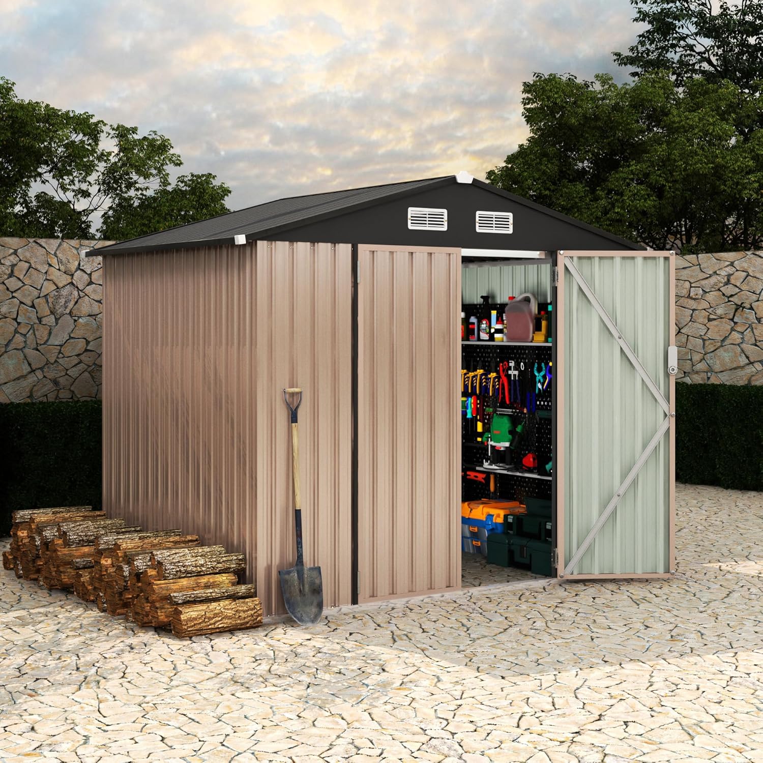 6x8 FT Metal Storage Sheds Outdoor, Metal Tool Shed with Lockable Door, Metal Yard Sheds Metal Garden Shed Kit, Metal Utility Sheds Buildings with Air Vent for Backyard Garden Patio Lawn