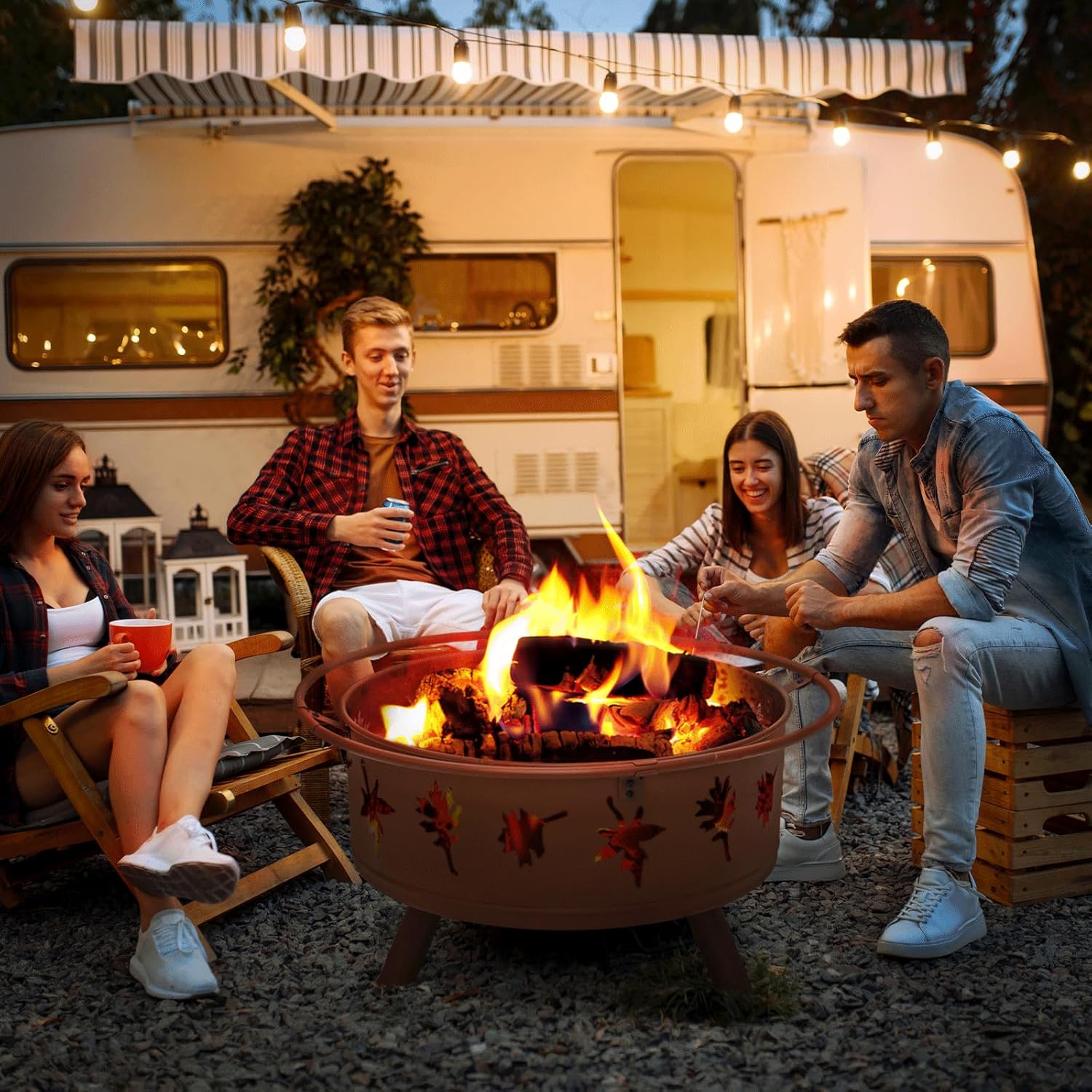 Outdoor Fire Pit with Leaf Cutout Pattern Design, 32