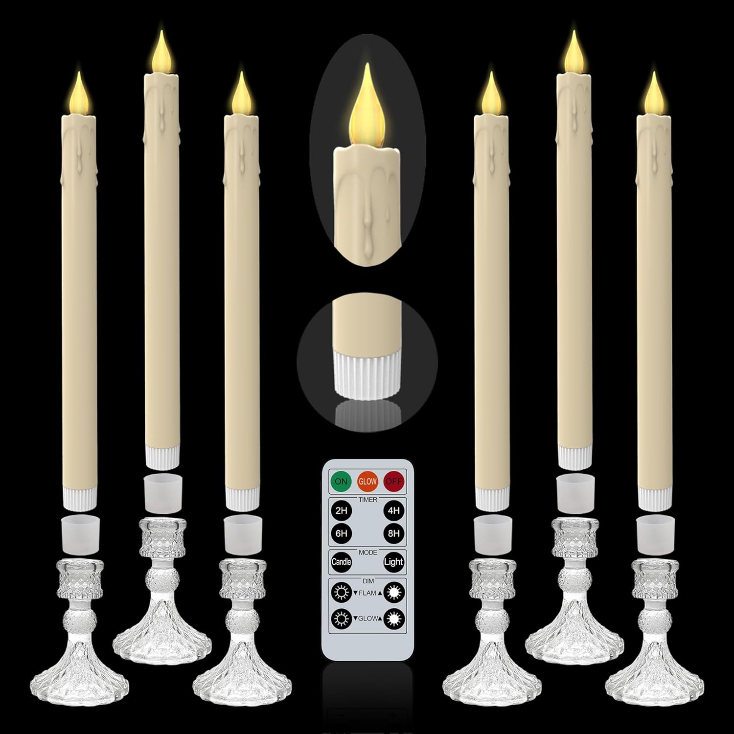 Flameless LED Taper Candles with Diamond Base Light - Hexagon Glass Holder, Remote Timer 2AA Battery Operated 500+ Hours for Thanksgiving/Xmas Decor, Wedding Centerpiece (Ivory, 6 Pack)