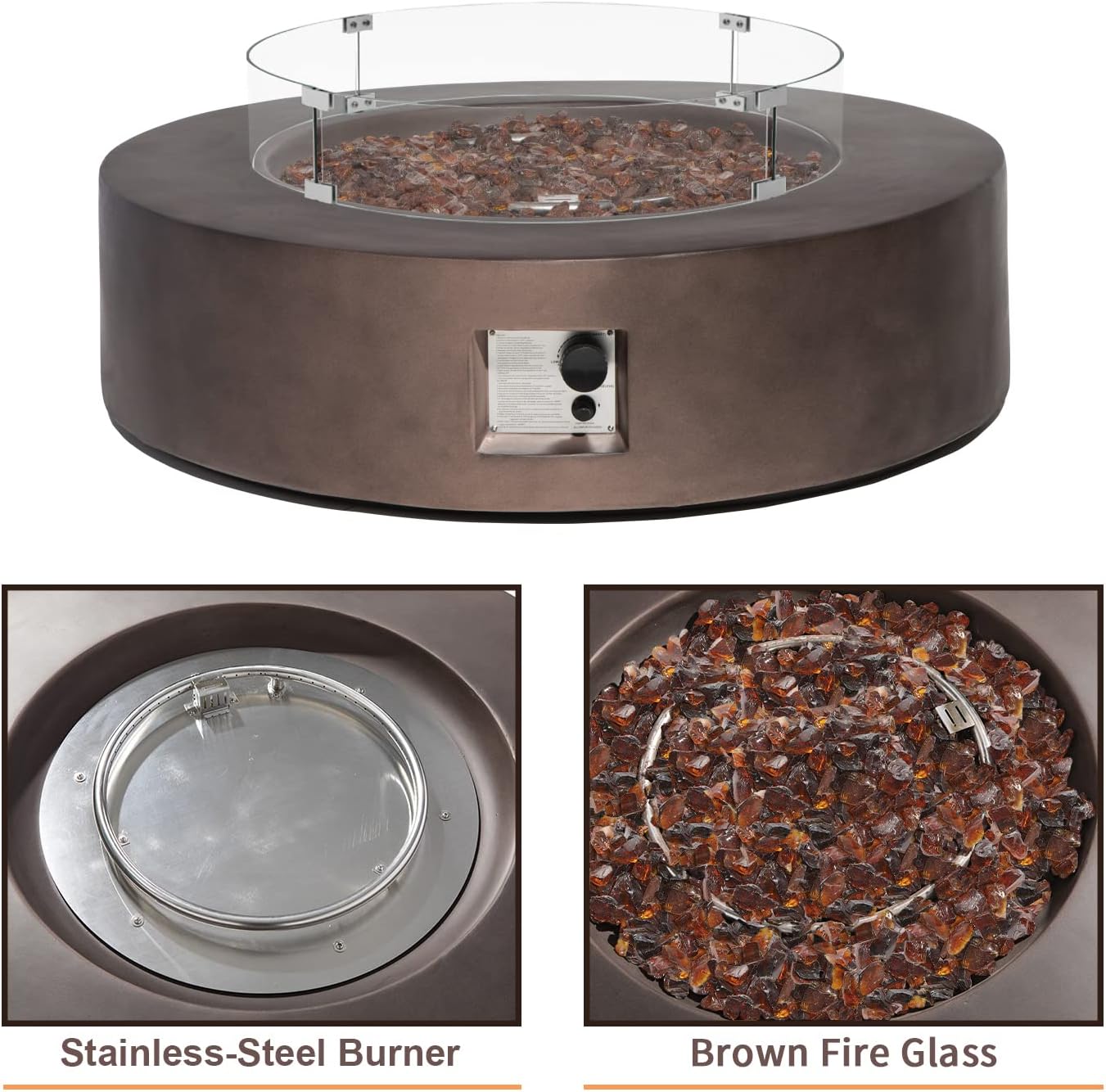 SUNBURY Outdoor Propane Fire Pit 42 Inch Round Fire Pit Table, 50,000 BTU Dark Brown Propane Gas Fire Pit for Outside w Brown Fire Glass & Glass Wind Guard
