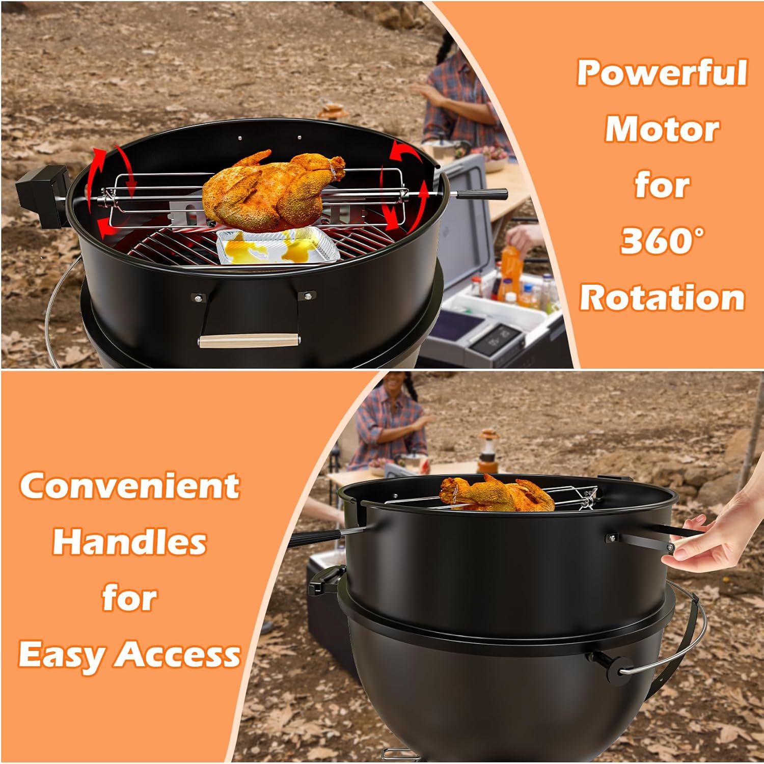 Upgraded Rotisserie Kit for Weber 22 inch Kettle Charcoal Grills Accessories, Rotisserie Grill Kit for Weber & Other Similar Size Grills, with Handles, Charcoal Baskets,10 Pcs Drip Pans, Black