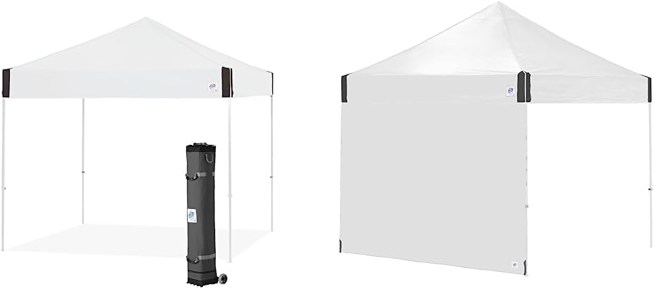 E-Z UP 10' x 10' Pyramid Instant Shelter Canopy with Sidewall, Spike Set, and Roller Bag - White