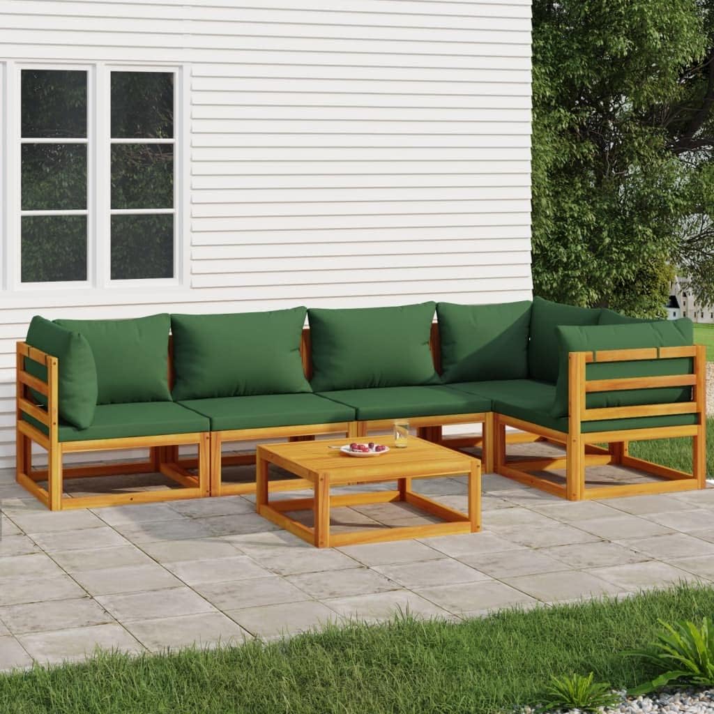 6 Piece Patio Lounge Set with Green Cushions Solid Wood,Relaxing Acacia Wood Patio Lounge Set for Outdoor Comfort and Sophistication Patio Furniture Sets, Outdoor Furniture Sets